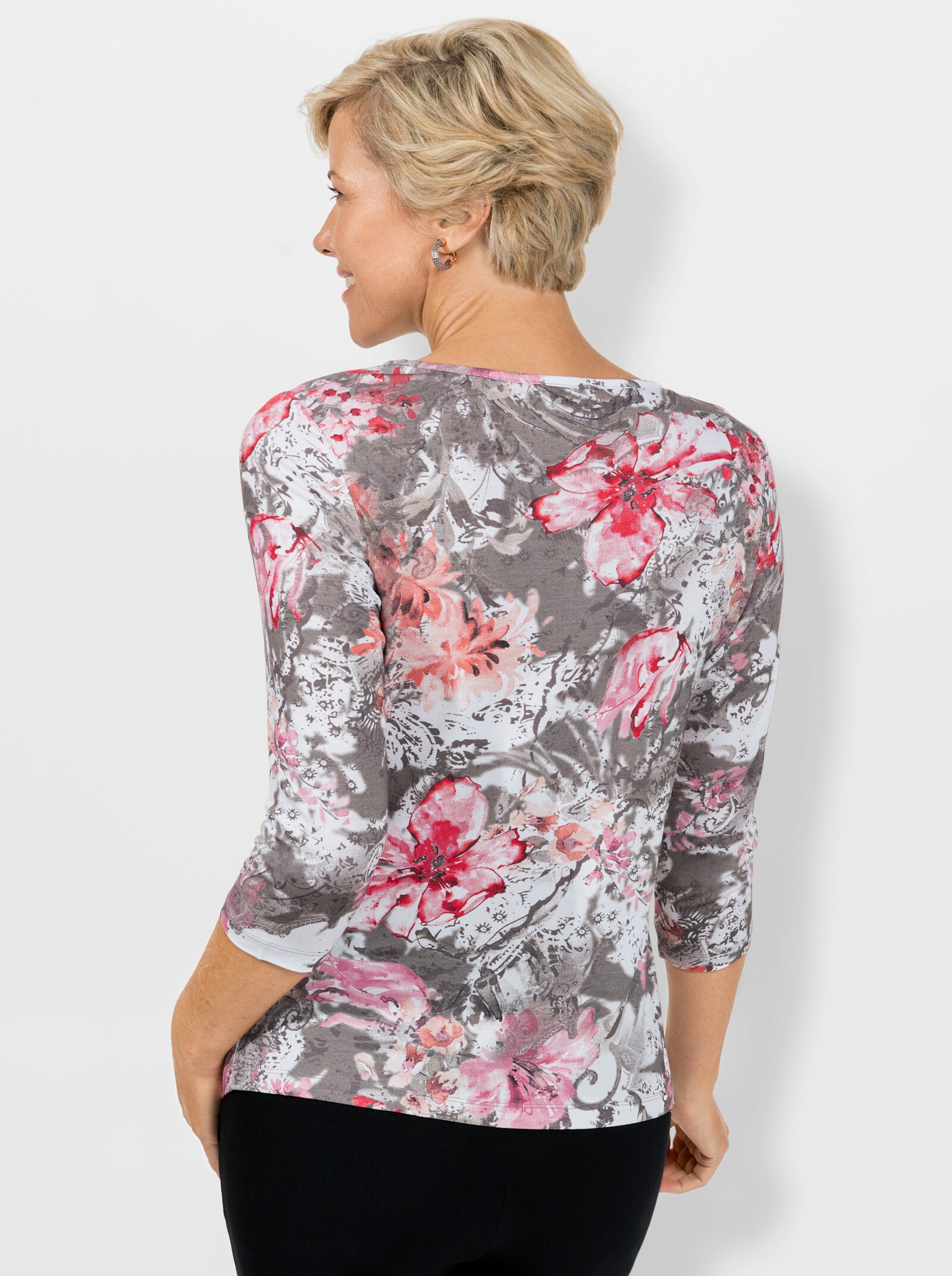 3/4-Arm-Shirt mit Rundhals-Ausschnitt - khaki-altrosa-bedruckt