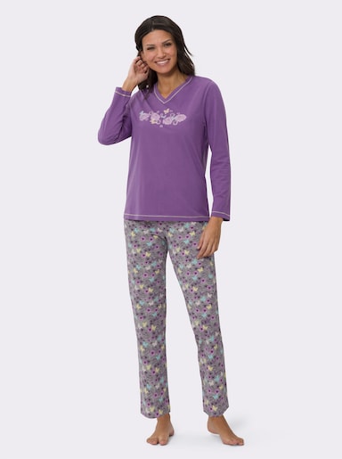 Schlafanzug mit Kontrast-Ziernähten - lila-steingrau-bedruckt