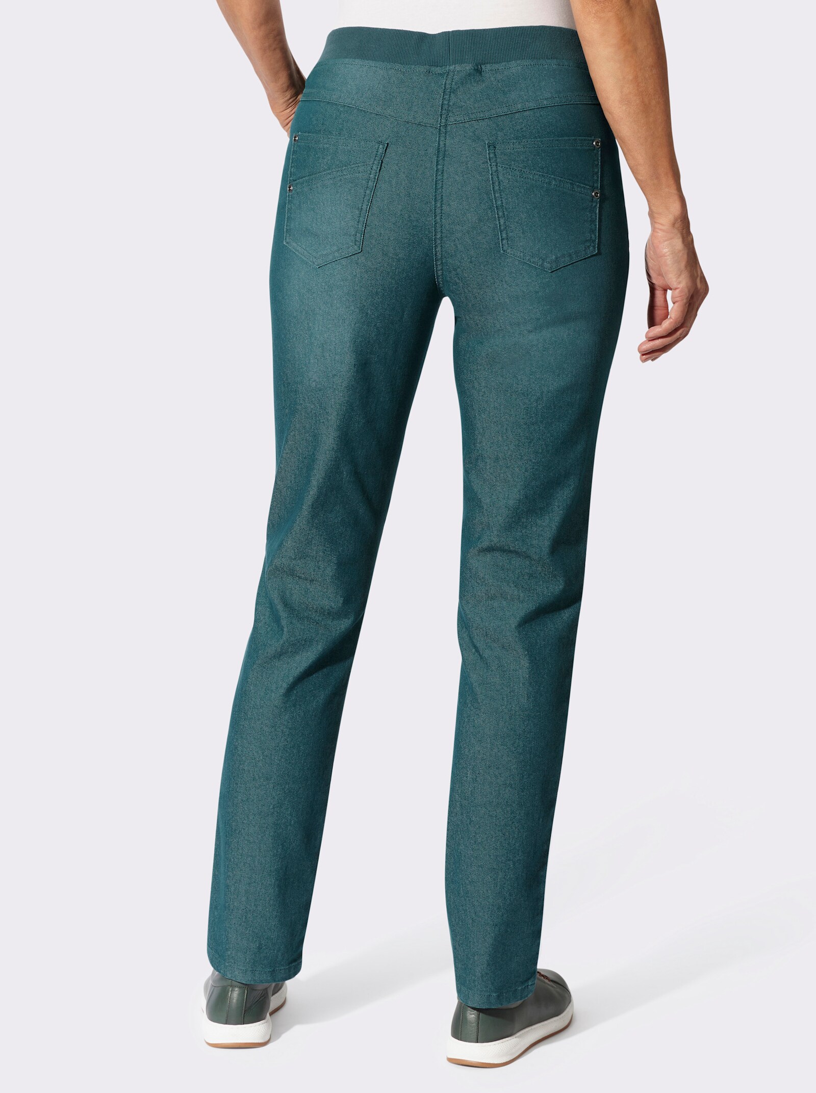 Schlupfjeans mit geripptem Strick-Dehnbund - petrol