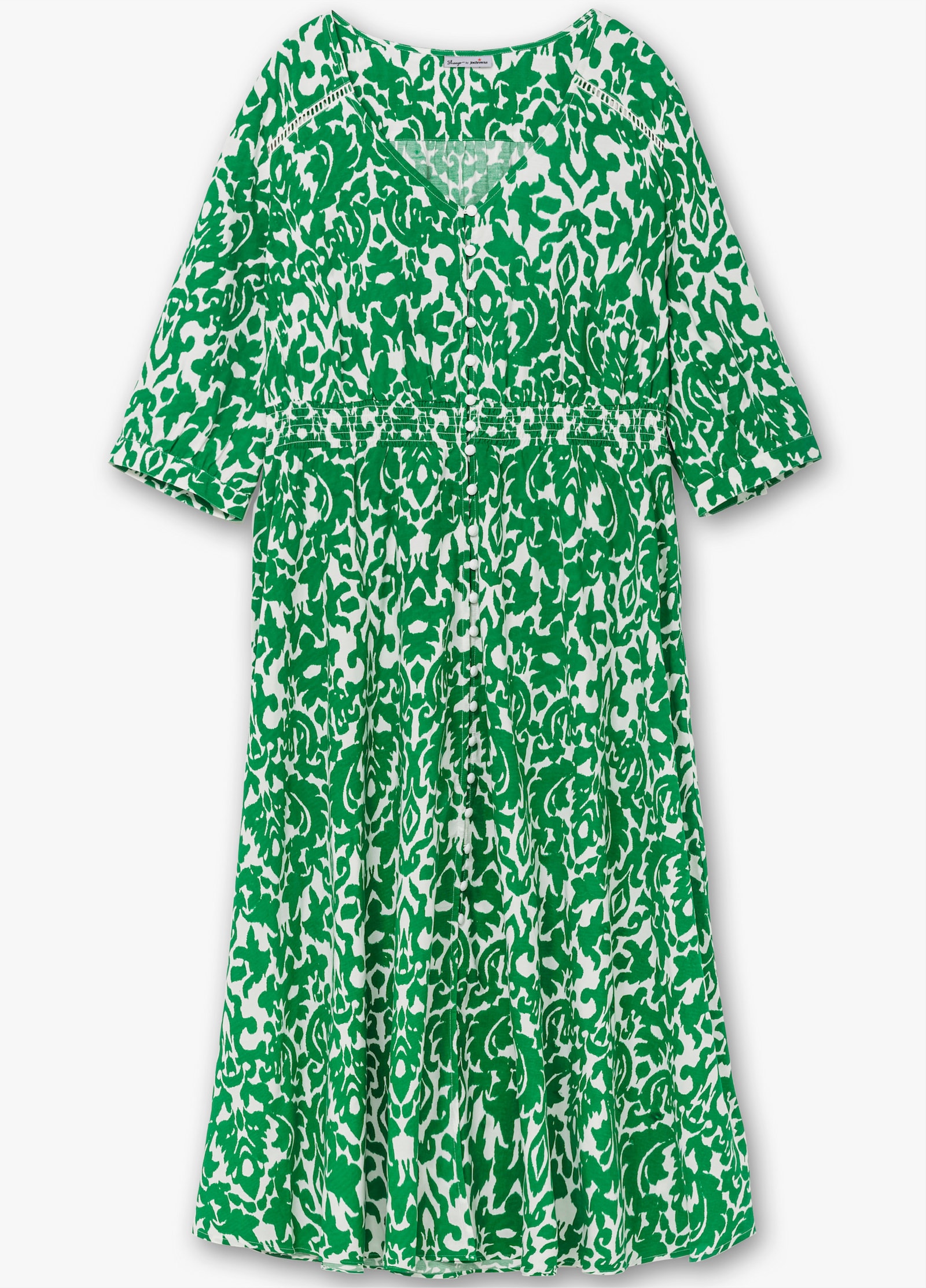 sheego by Joe Browns Maxikleid mit Alloverprint und gesmokter Taille - grün-offwhite