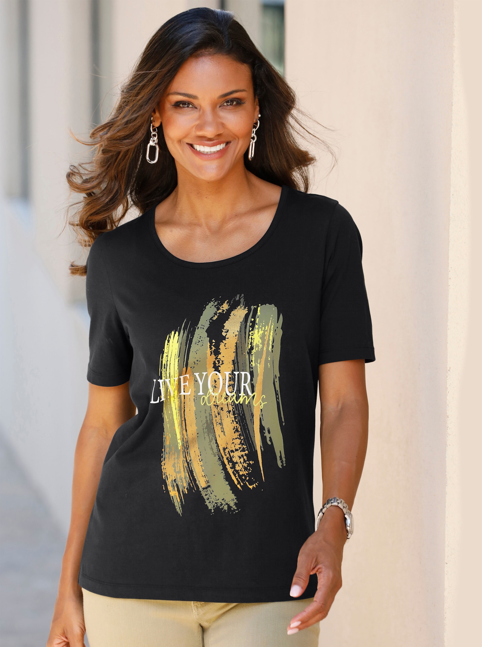 Shirt met korte mouwen en glitterprint - zwart, limoen