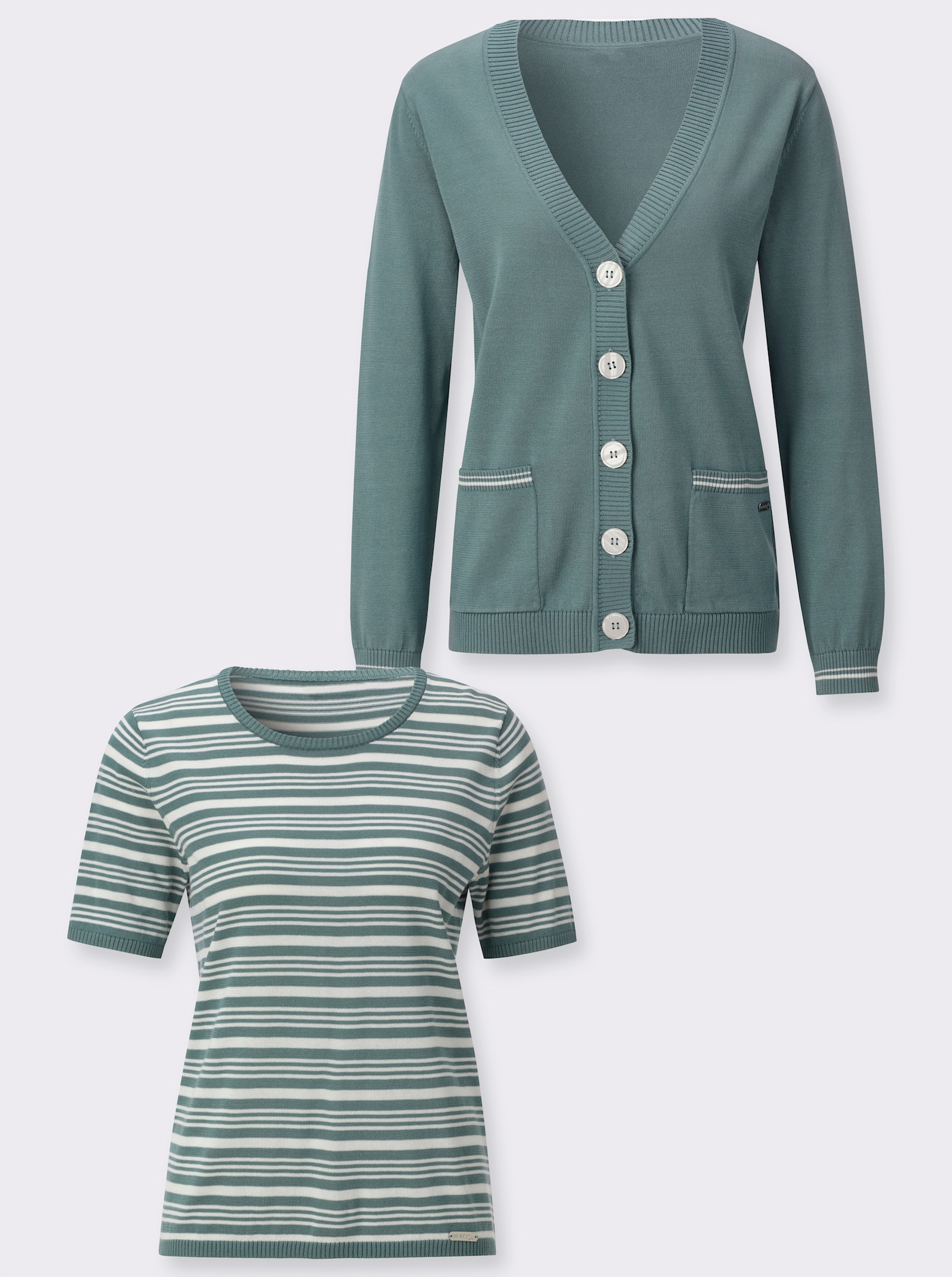 Twin-Set mit Schmuckknöpfen - jade-ecru-geringelt