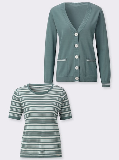  Twin-Set mit Schmuckknöpfen - jade-ecru-geringelt