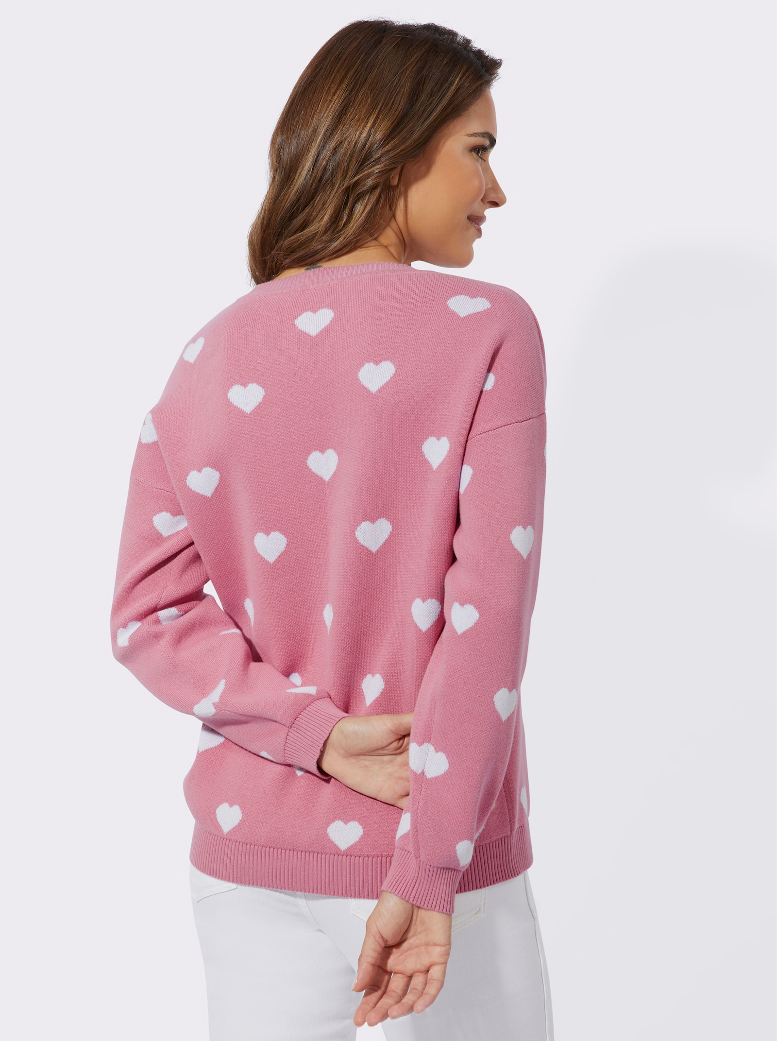 Långärmad tröja med hjärtmotiv - gammalrosa-vit-mönstrad