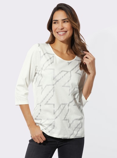 Rundhalsshirt mit Hahnentritt und Folienprint - ecru