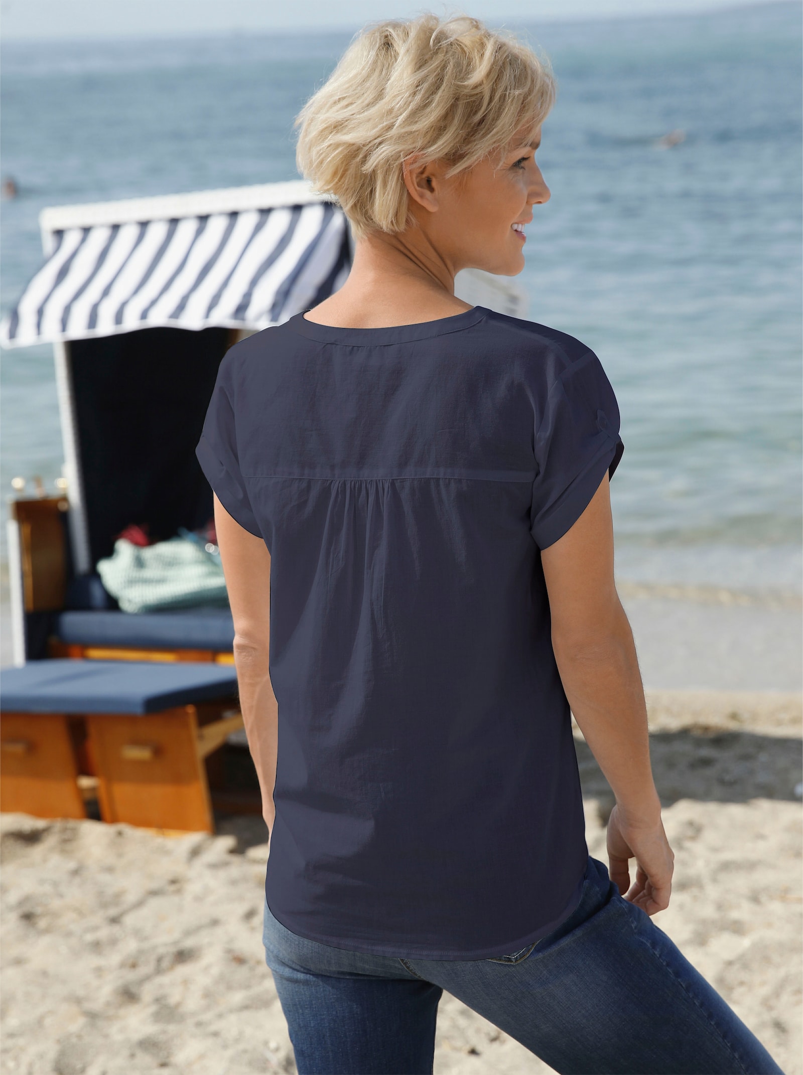 Blouse met korte mouwen en korte knoopsluiting - marine