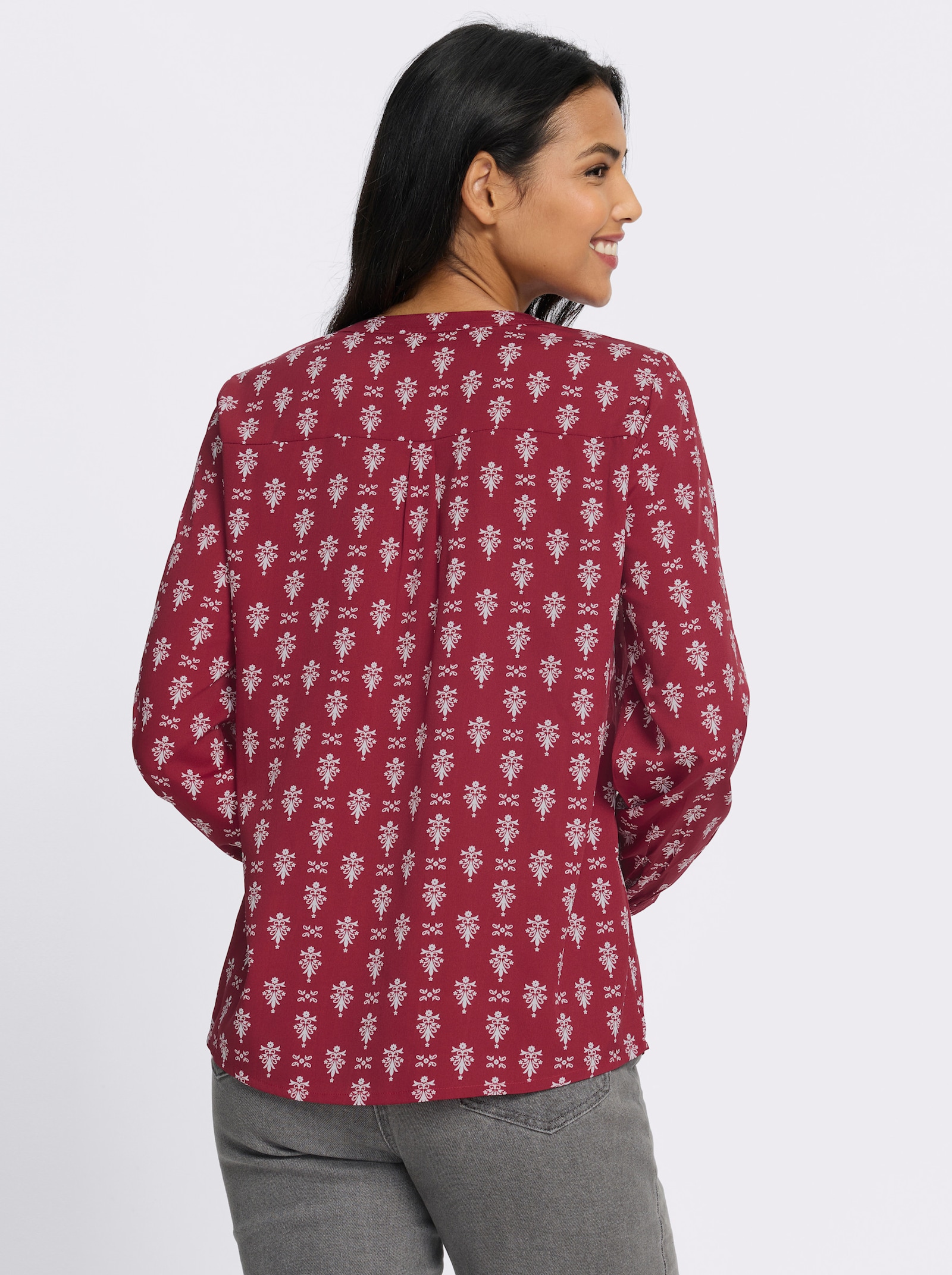 Schlupfbluse mit kurzer Knopfleiste - dunkelrot-ecru-bedruckt