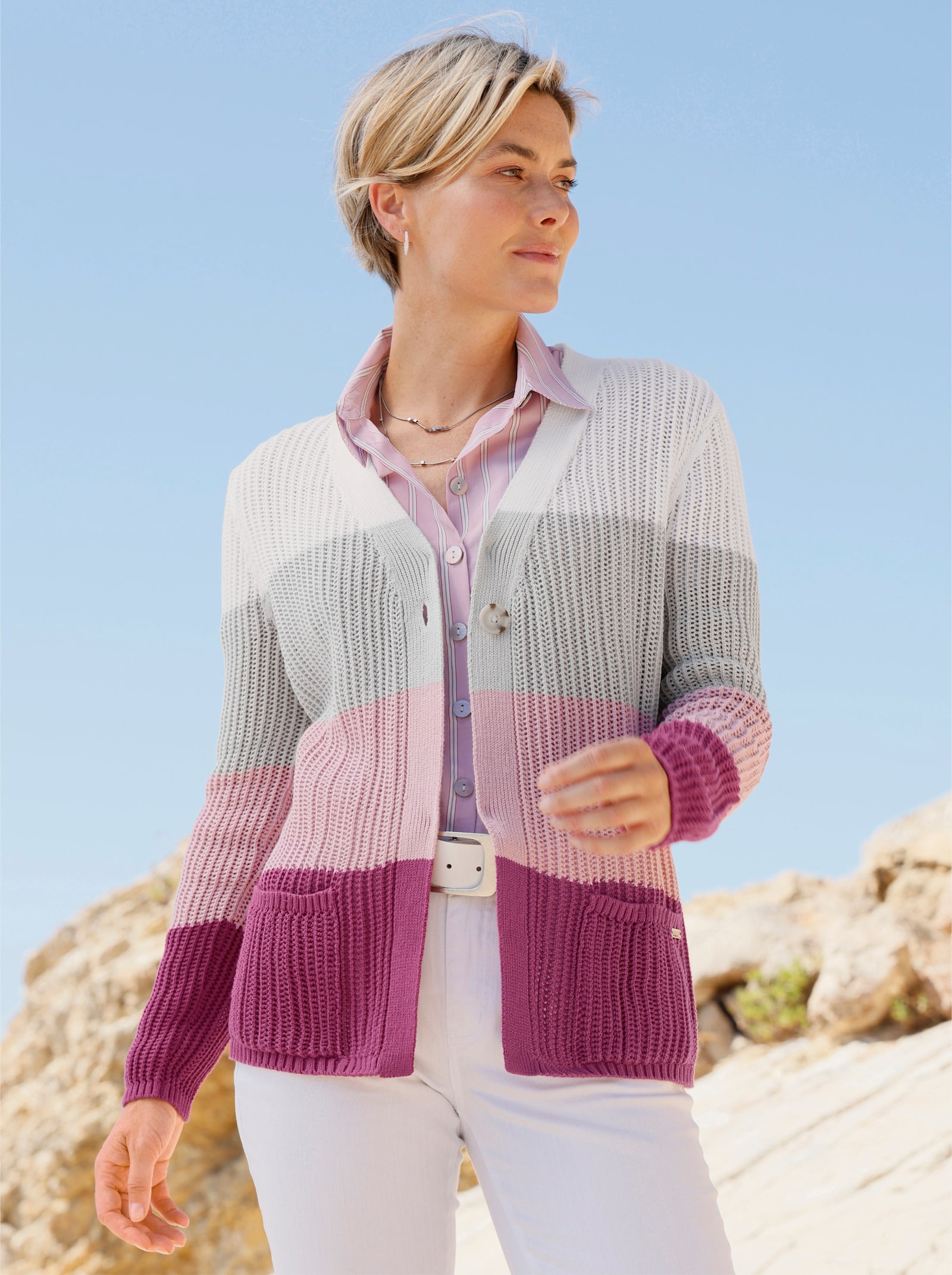 Ajourstrickjacke mit V-Ausschnitt - erika-ecru-geringelt