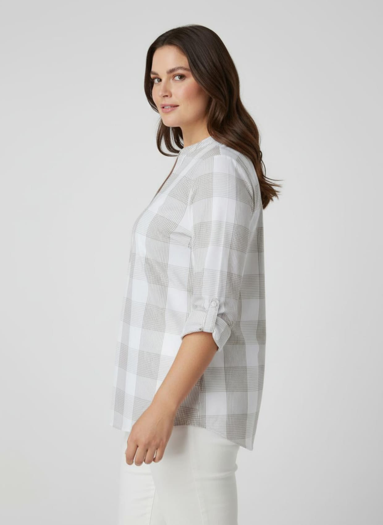 Baumwollbluse mit Stehkragen, kariert - taupe-weiß-kariert