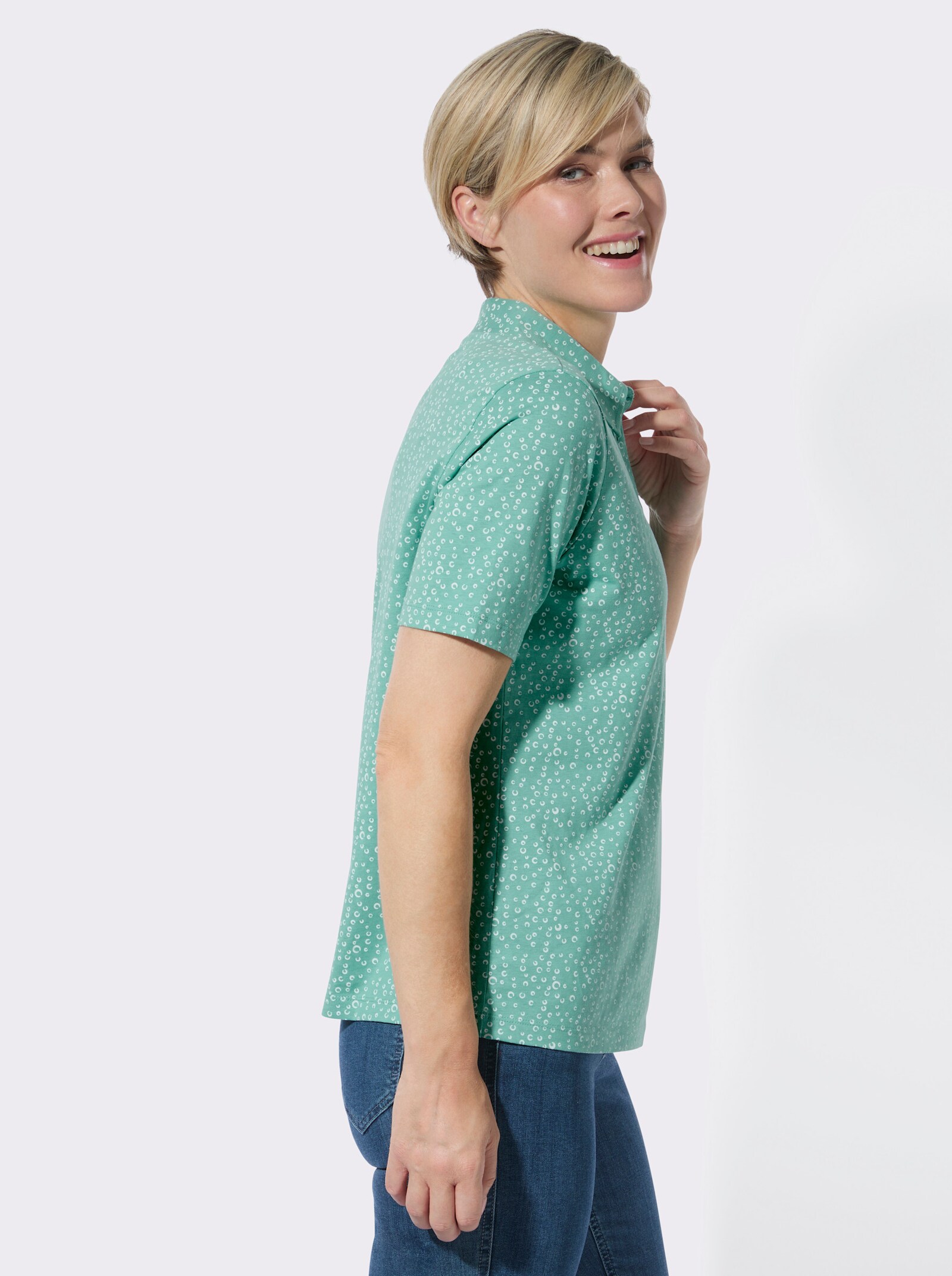 Poloshirt mit bedrucktem Kragen - salbei-weiß-getupft + salbei