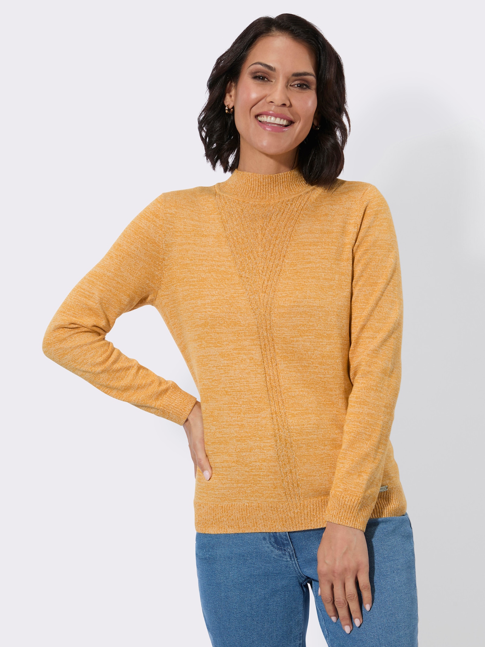 Stehkragenpullover mit gerippten Bündchen - ocker-meliert