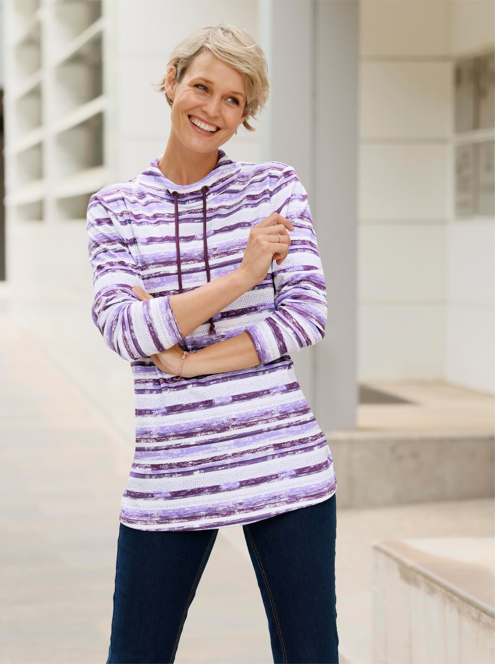 Langarmshirt mit Streifenmuster - feige-ecru-bedruckt