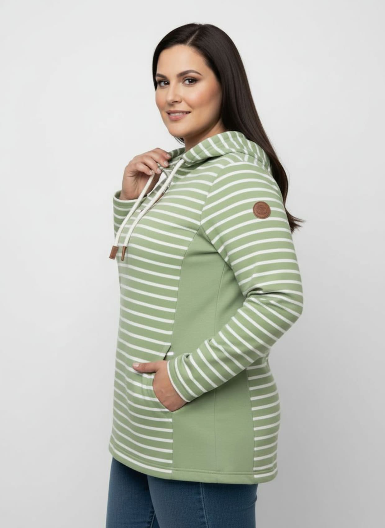 Kapuzensweatshirt mit 2 Nahttaschen - eucalyptus-ecru-geringelt