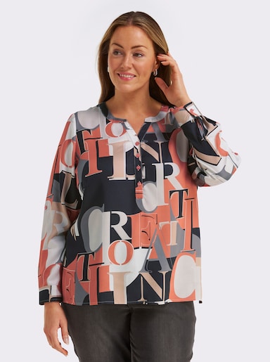 Schlupfbluse mit Krempelärmel - papaya-schwarz-bedruckt