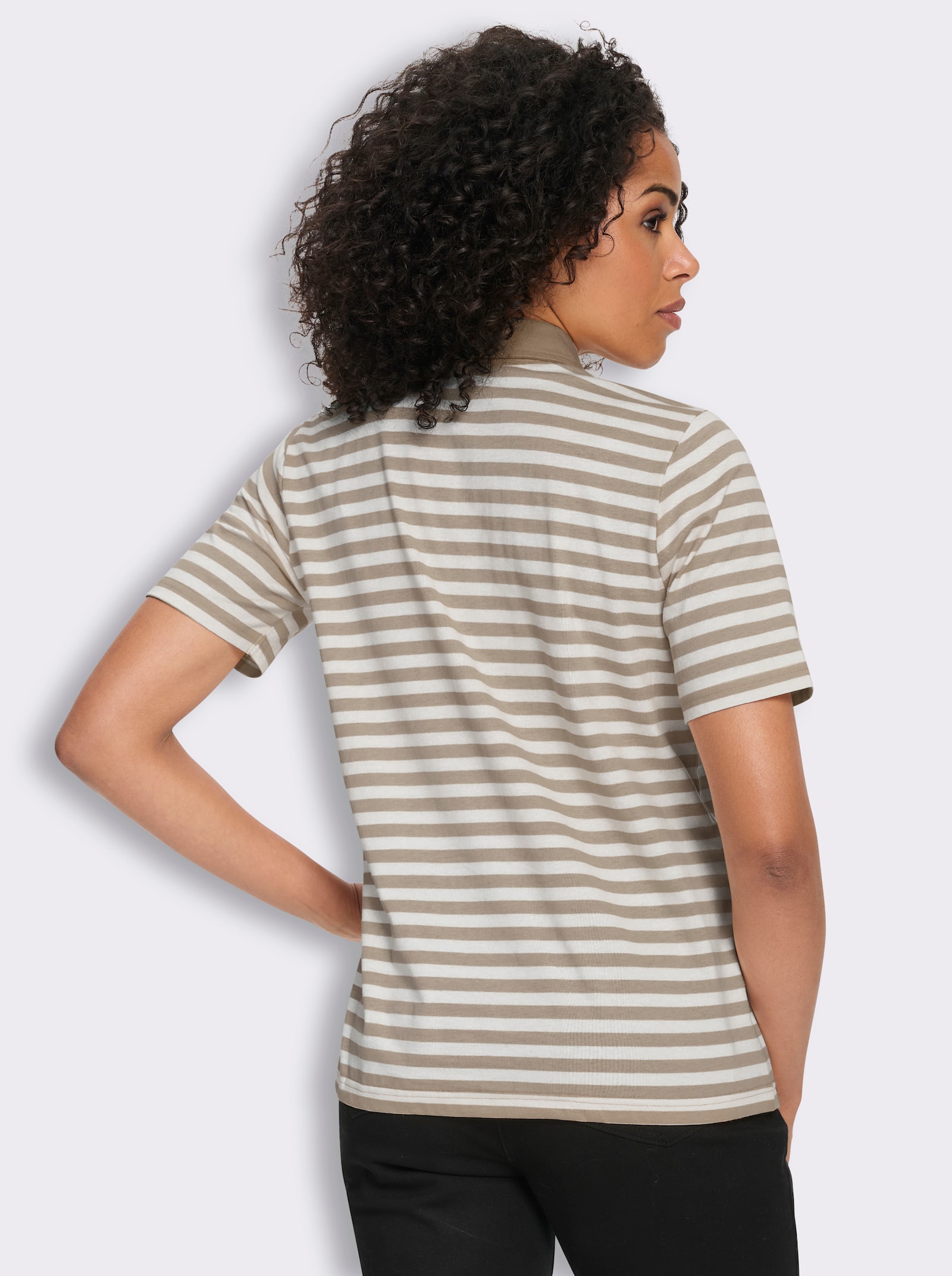 Poloshirt mit Lederimitat-Patch - sesam-weiß-geringelt