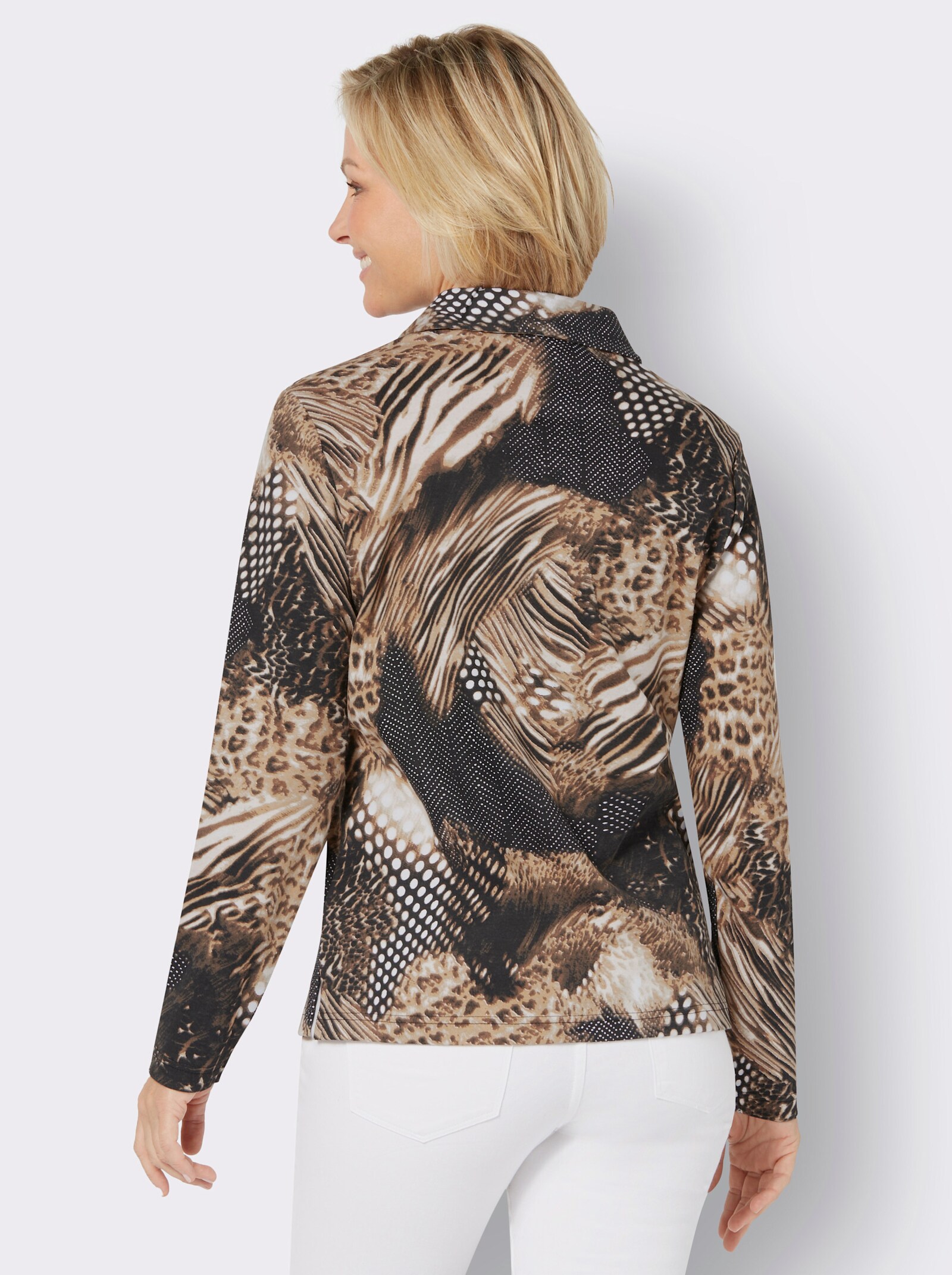 Shirt met lange mouwen en polokraag - zand/zwart bedrukt