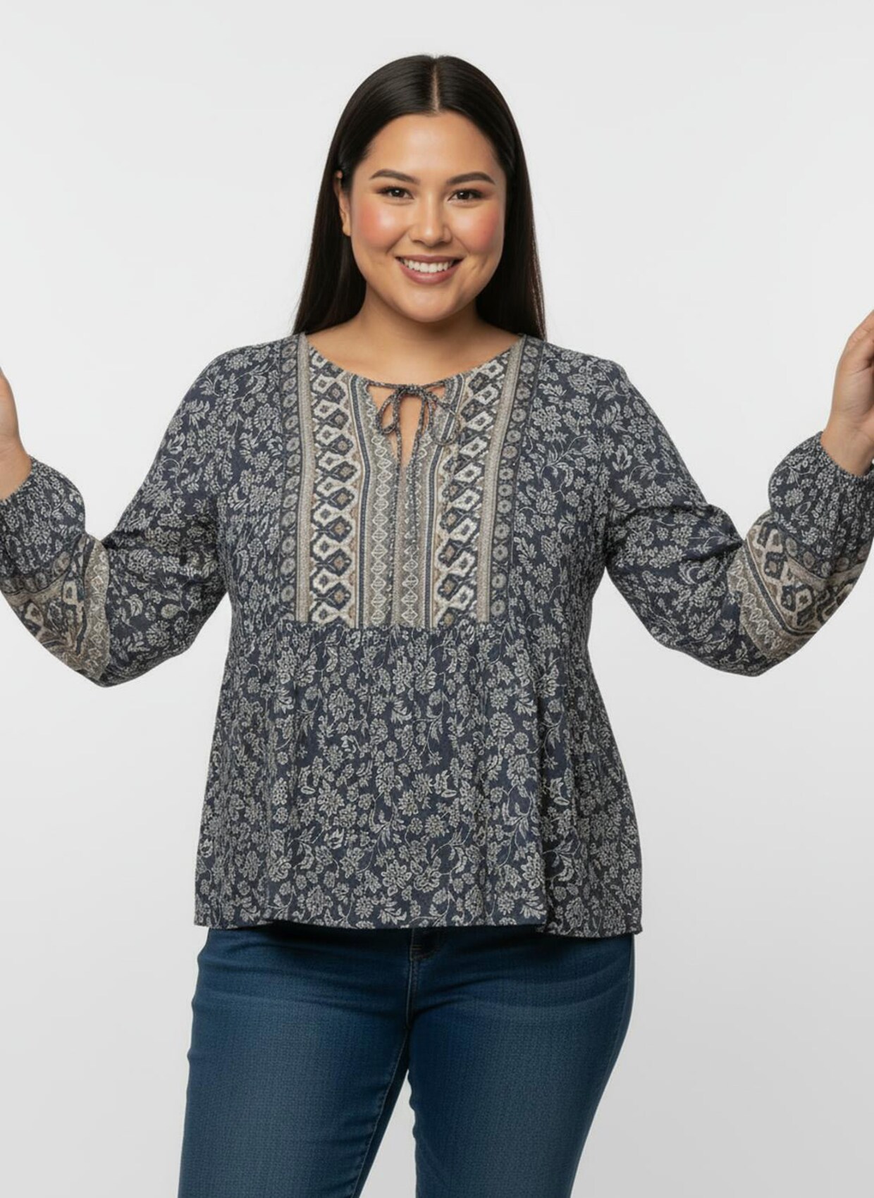 Druckbluse in Tunikaform - rauchblau-champagner-bedruckt