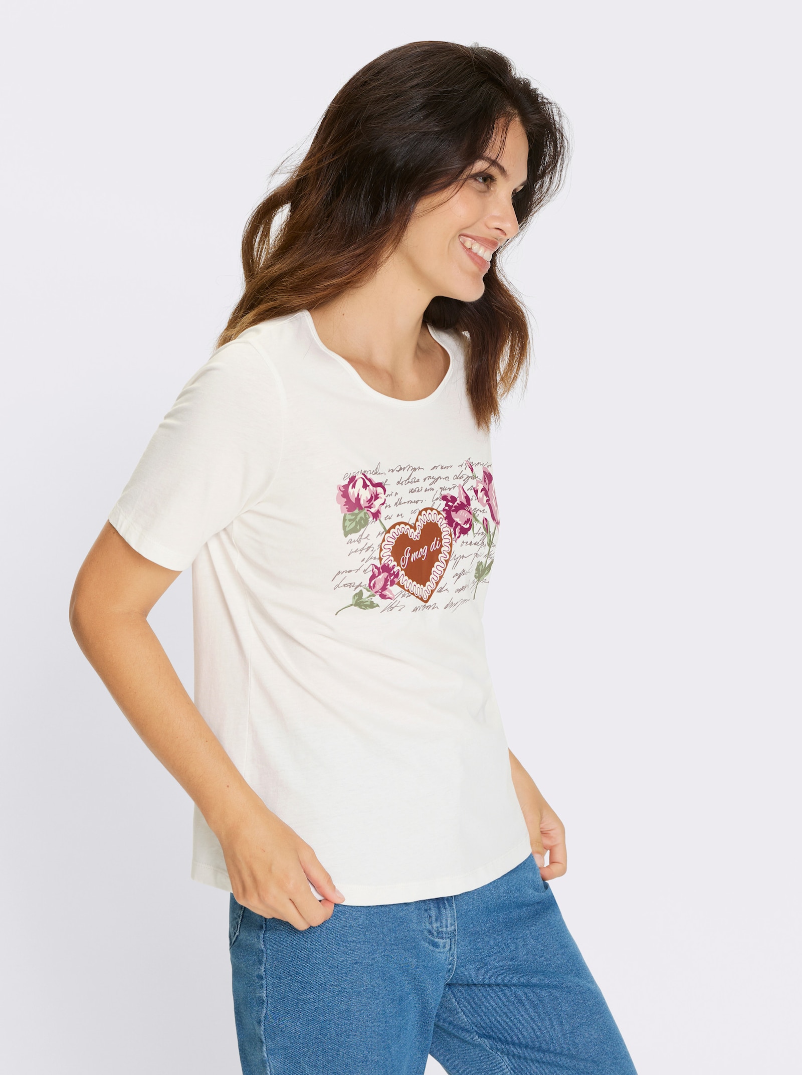 Folkloreshirt met op dessin geplaatste bloemenprint - ecru/oudroze