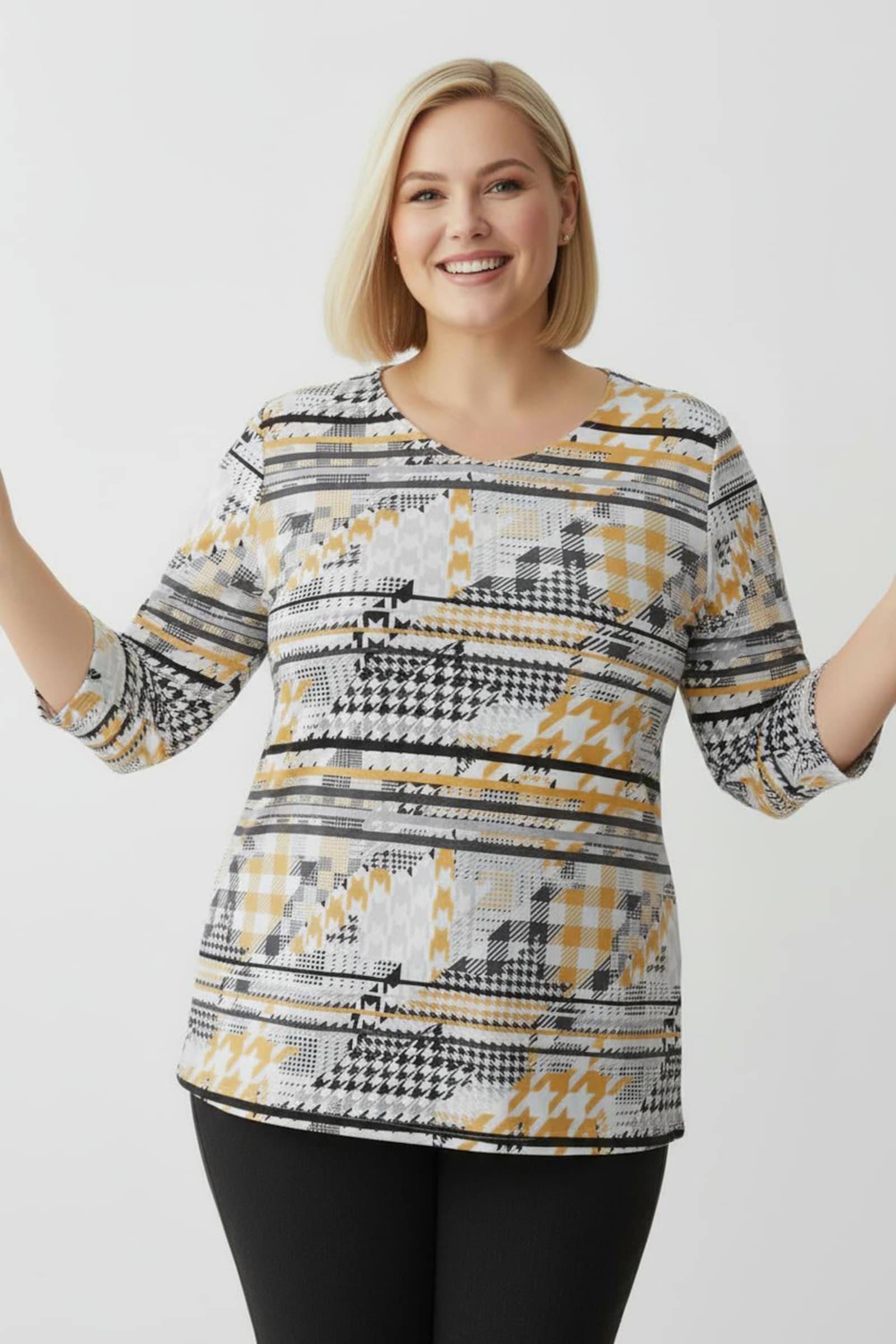 Longshirt mit 3/4-Ärmel - ocker-graphit-bedruckt