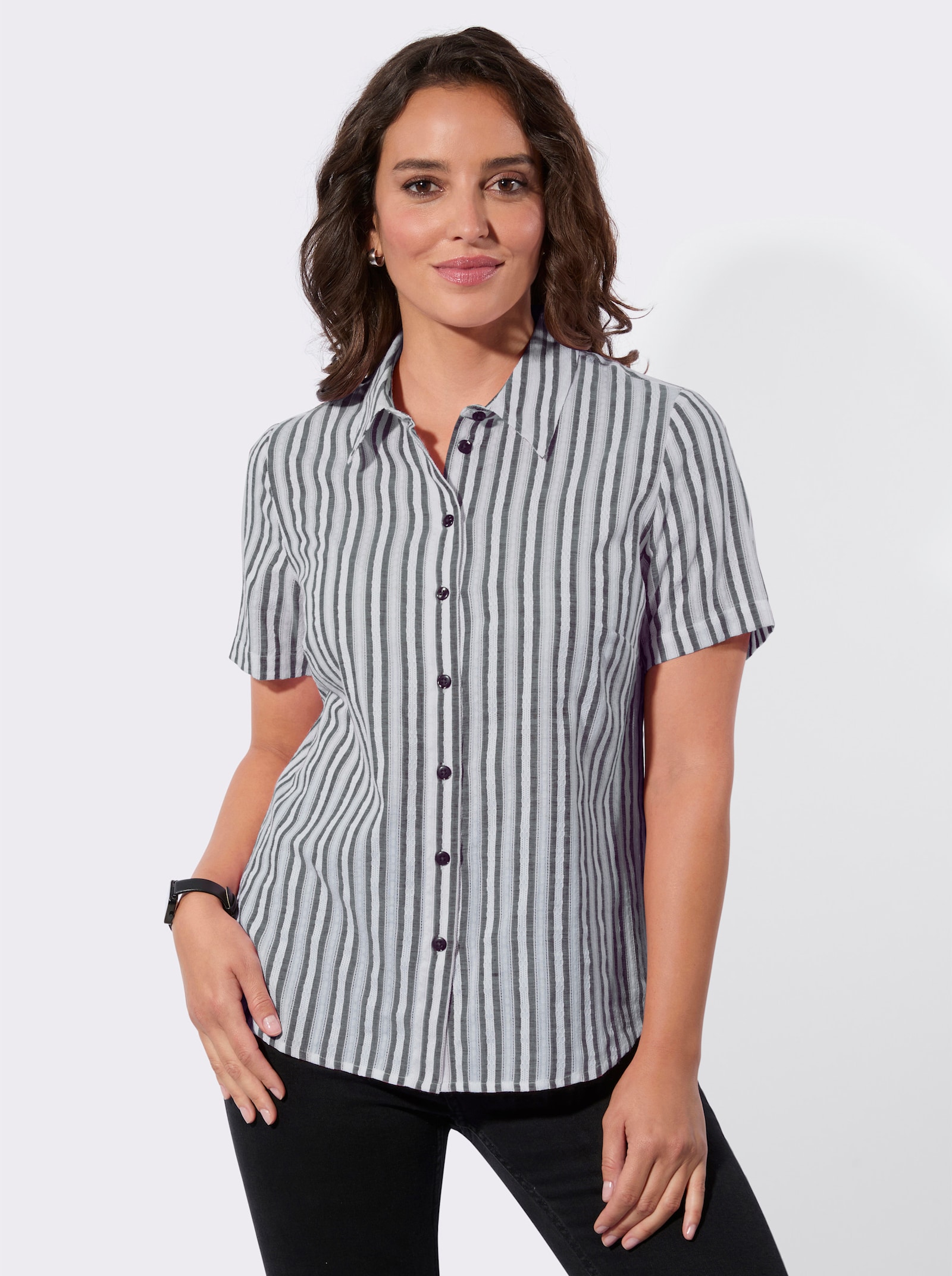 Gestreepte blouse met licht afgeronde zoom - zwart/wit gestreept