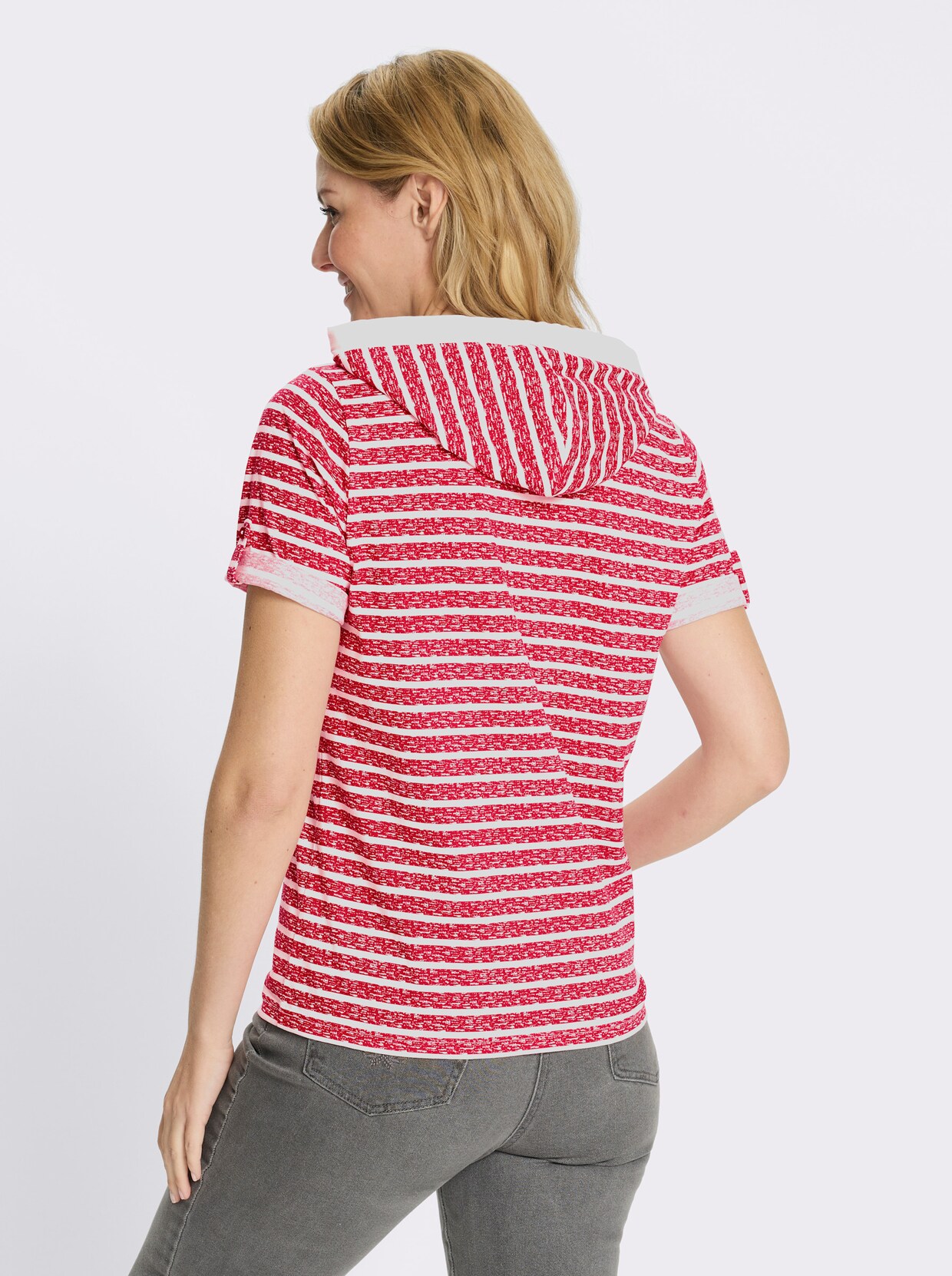 Tričko s kapucí s krátkými rukávy - červená-ecru-potisk