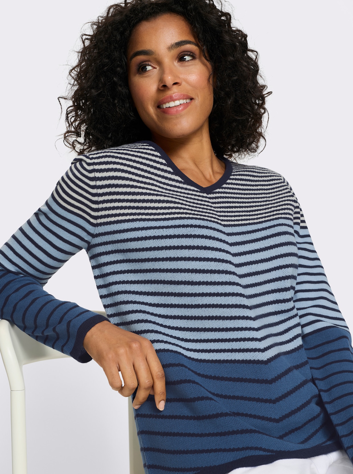 Langarm-Pullover mit Ringel-Muster, Jacquard - jeansblau-marine-geringelt