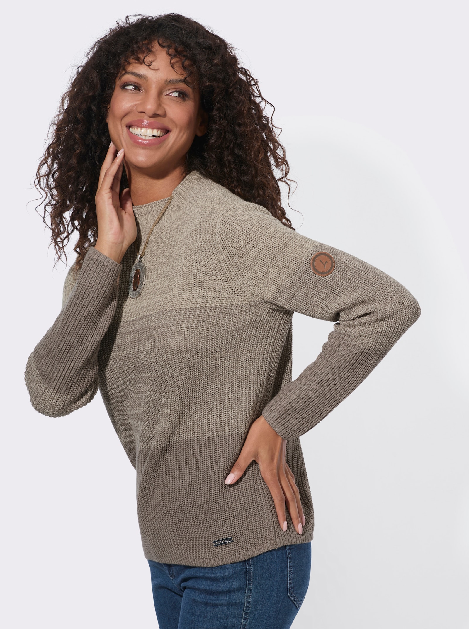 Stehkragenpullover mit Colourblocking - sand-taupe-geringelt