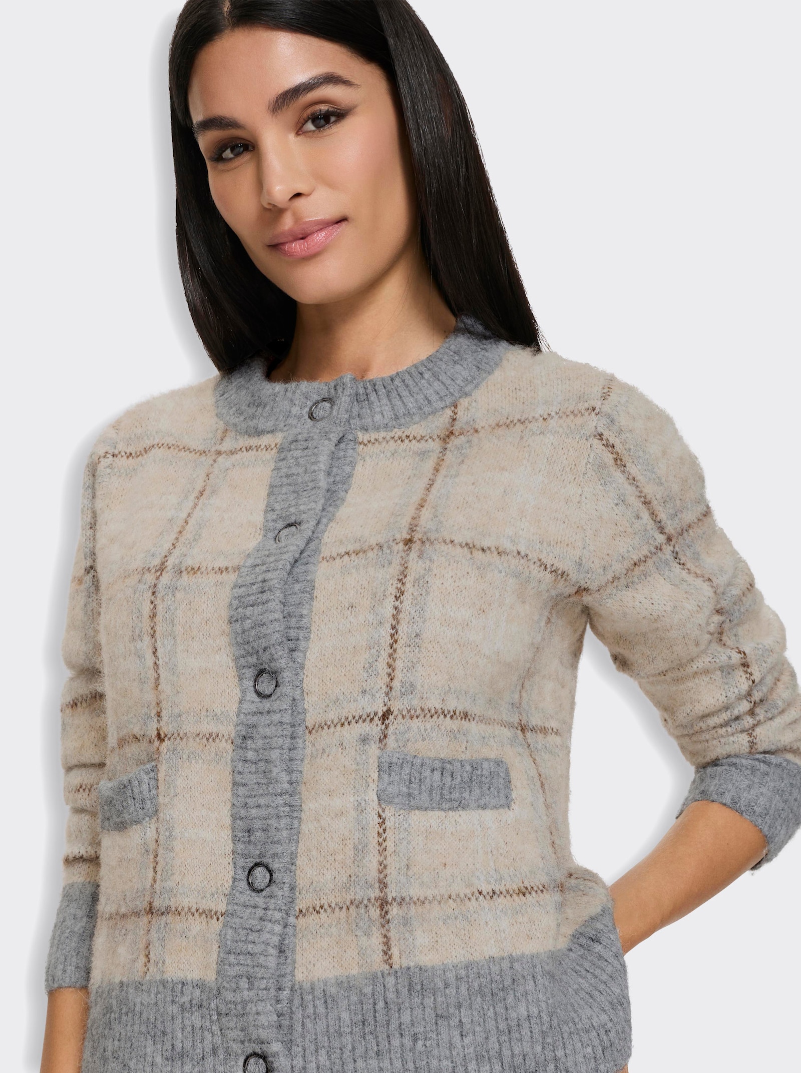 heine Jacquardstrickjacke mit Karo-Dessin - beige-grau-kariert