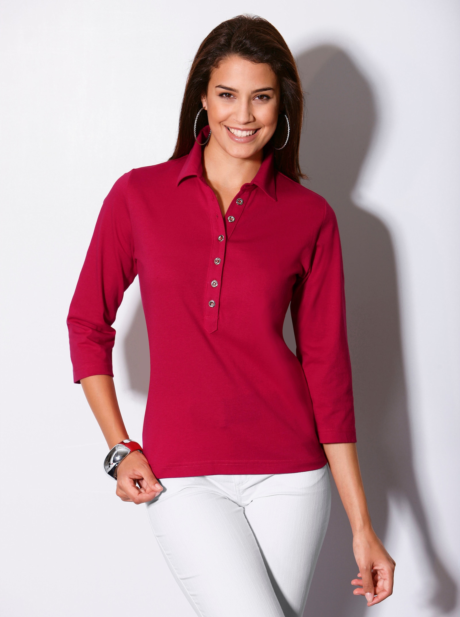 Poloshirt met lange knoopsluiting - kersenrood