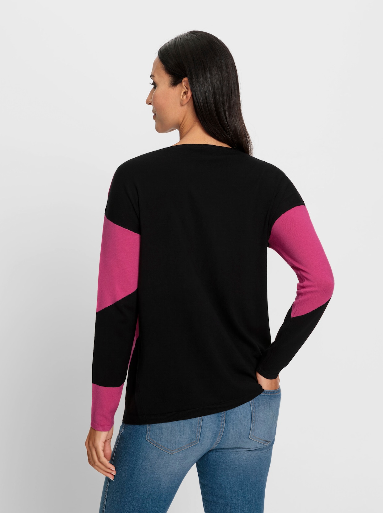 heine Rundhalspullover - schwarz-fuchsia-gemustert