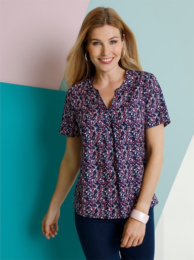 Comfortabele blouse - marine/koraal bedrukt