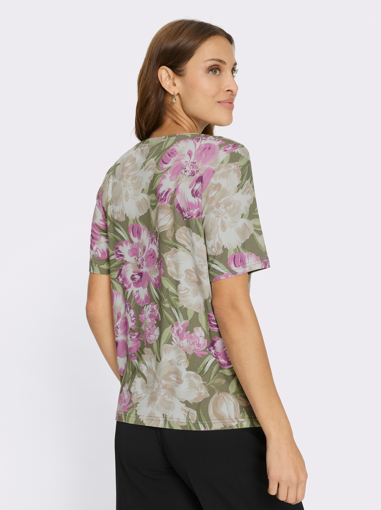 Topp med tryck i ECOVERO-kvalitet från Lenzing - pistasch-orkidé-med tryck