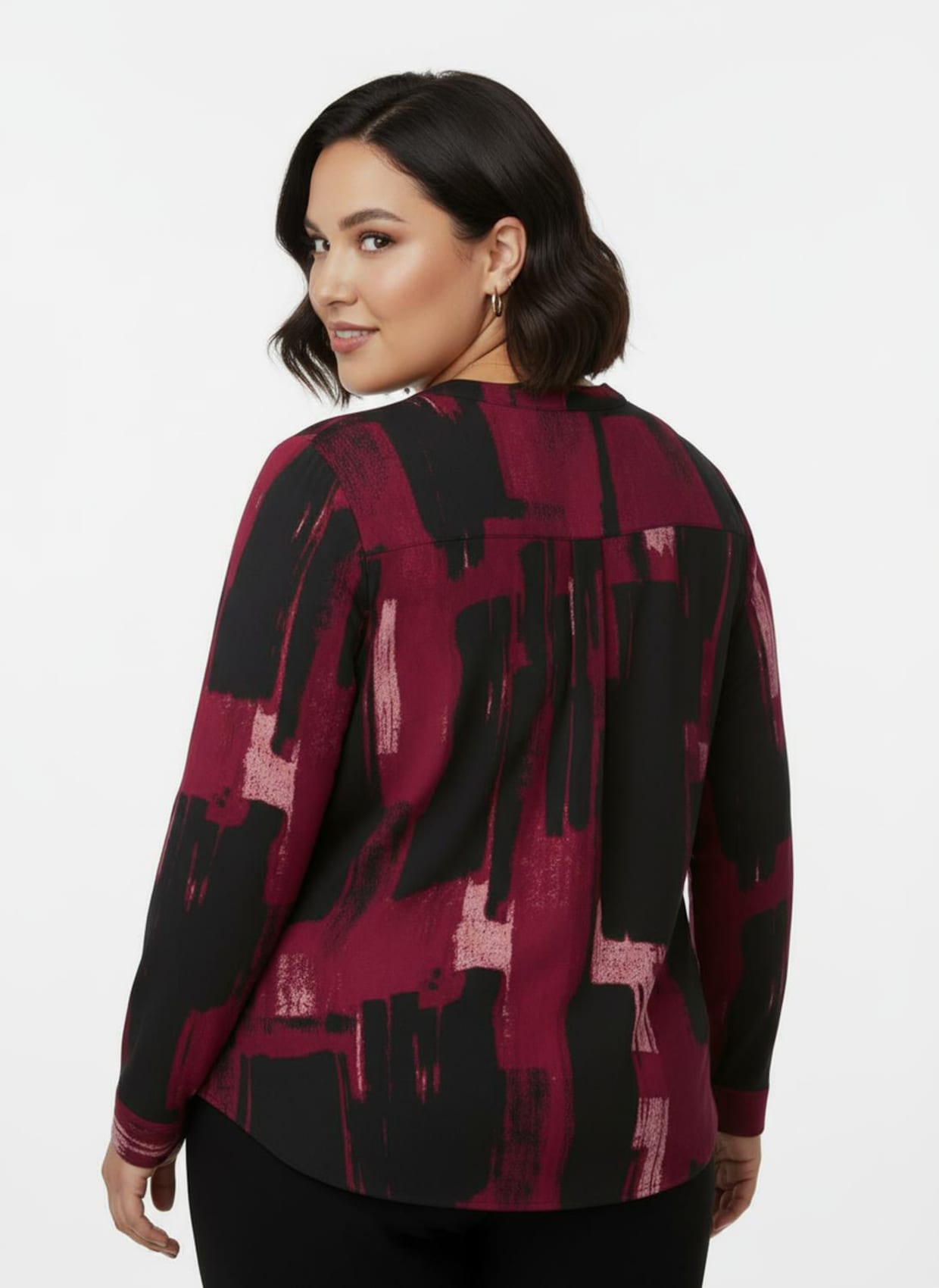 Druckbluse mit Krempelärmeln - schwarz-rot-bedruckt