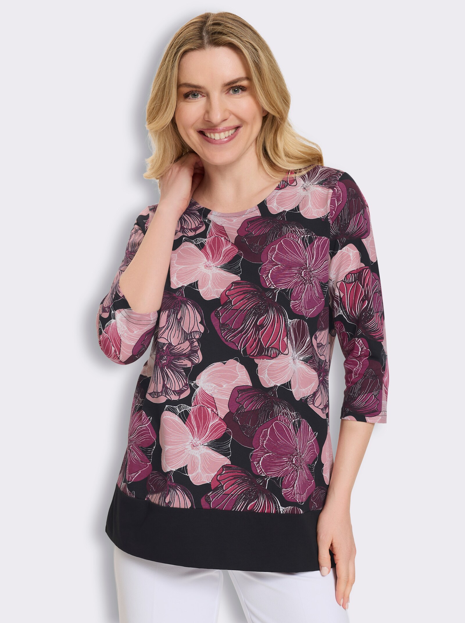 Longshirt in figurfreundlicher A-Linie - fuchsia-schwarz-bedruckt