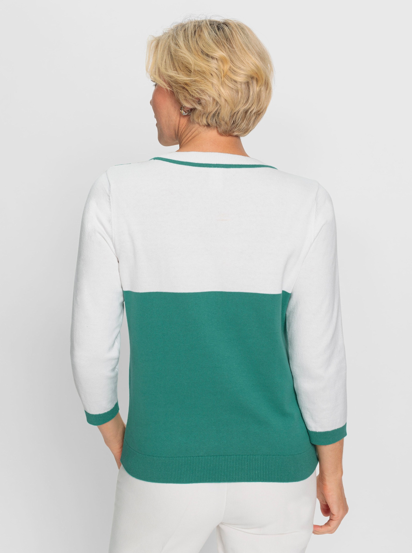 Rundhalspullover mit Dekosteinchen - smaragd-weiss