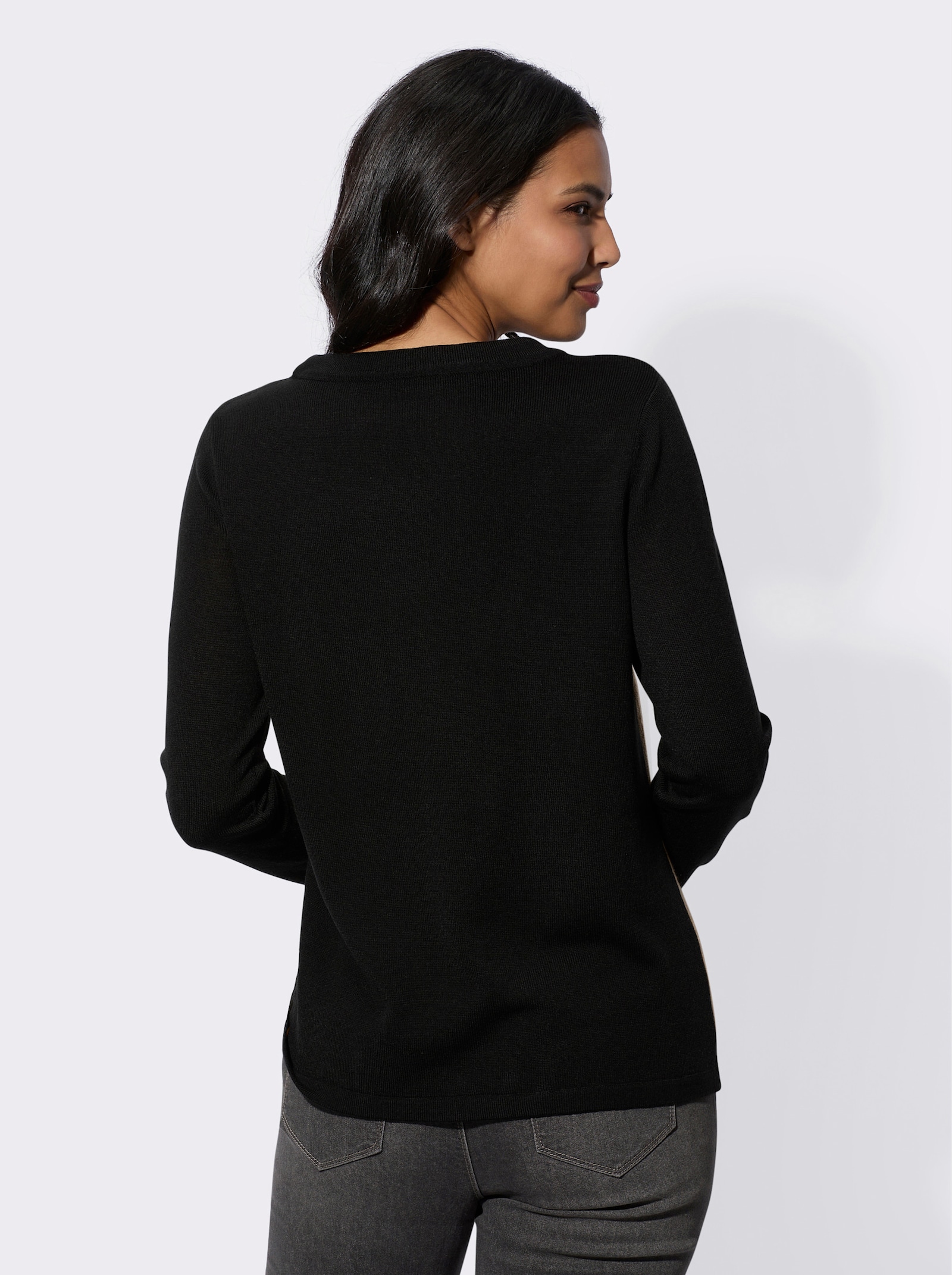 Langarm-Pullover mit Tunnelzug am Rundhals-Ausschnitt - schwarz-camel