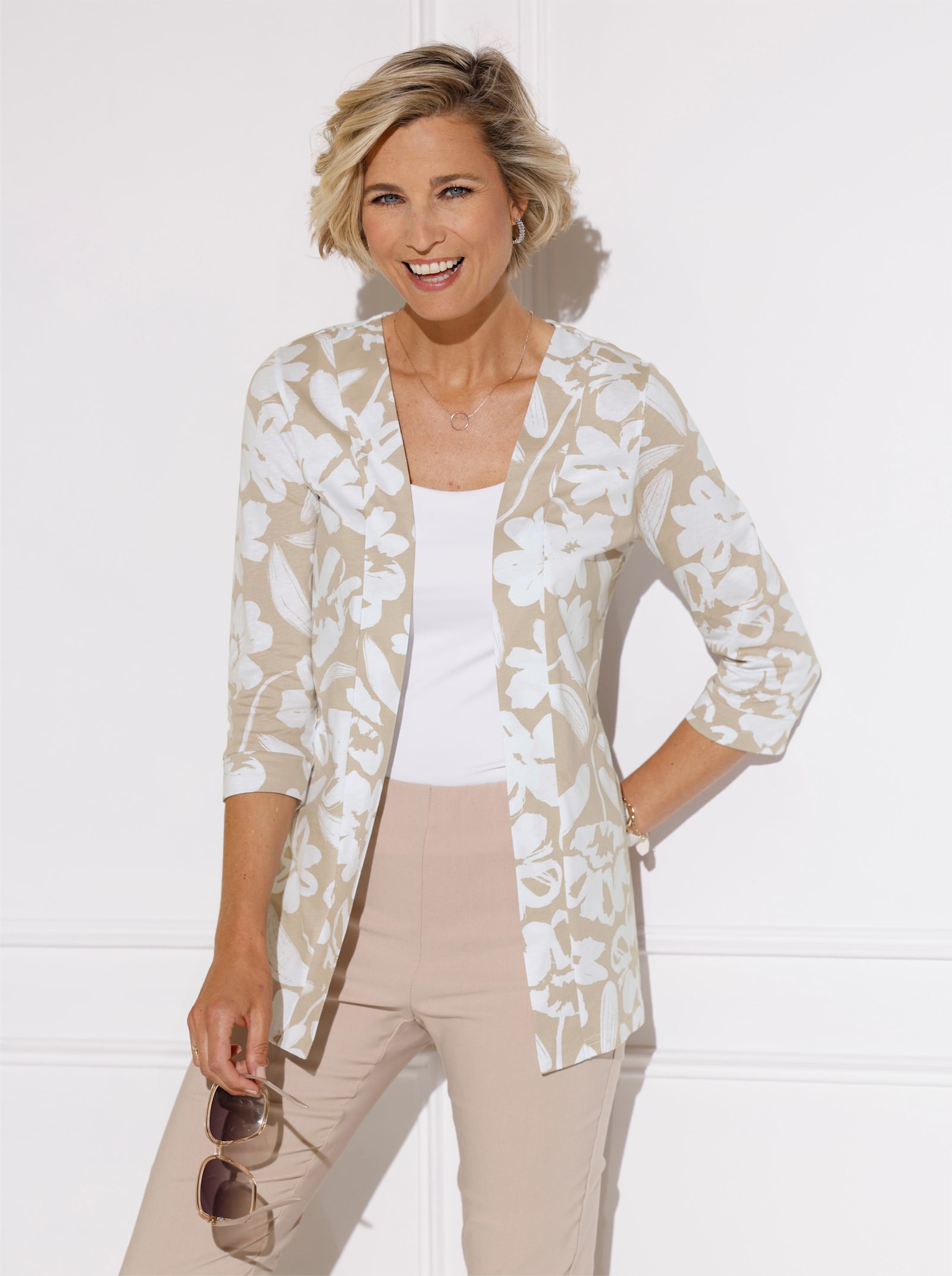 Shirtjacke mit 3/4-Ärmeln - beige-weiß-bedruckt