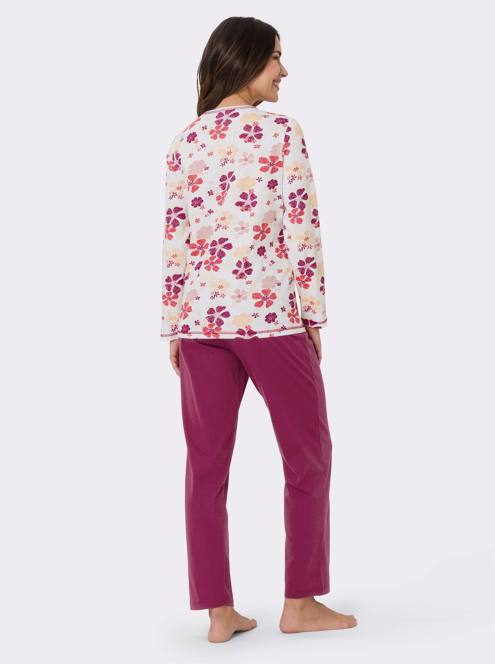 Pyžamo s krátkou knoflíkovou lištou, čistá bavlna - bílá-slézová-potisk