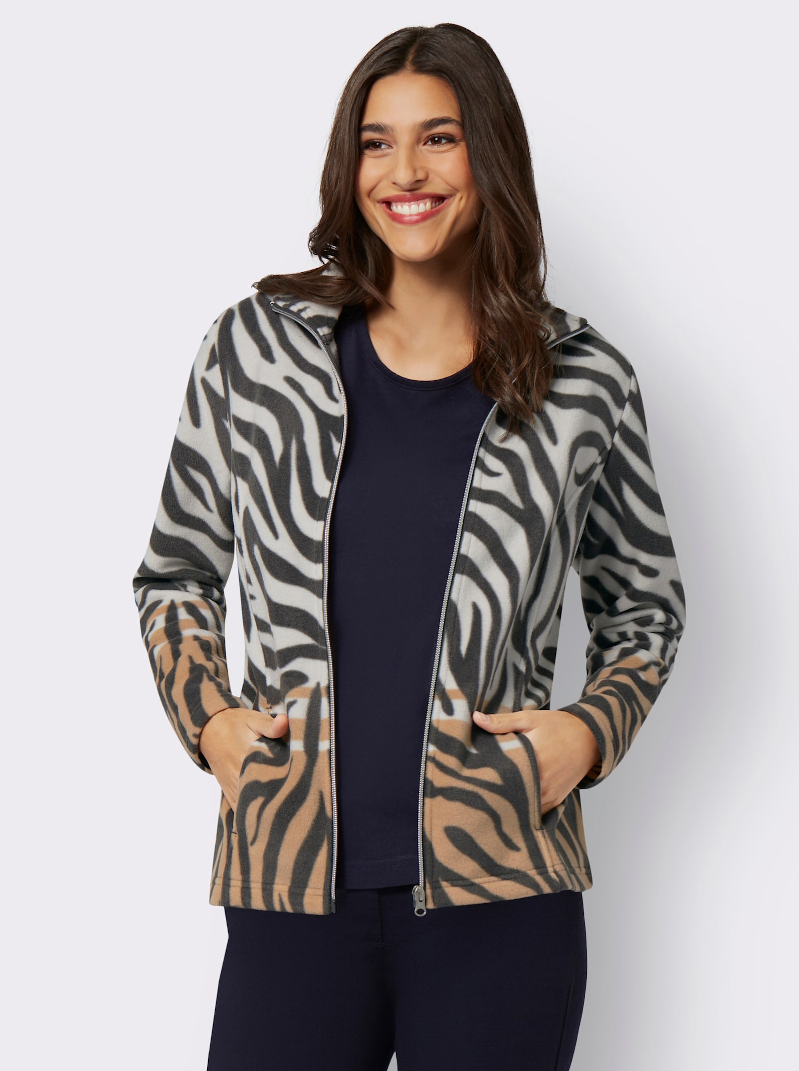 Fleecejacke mit Animal-Print - graphit-camel-bedruckt