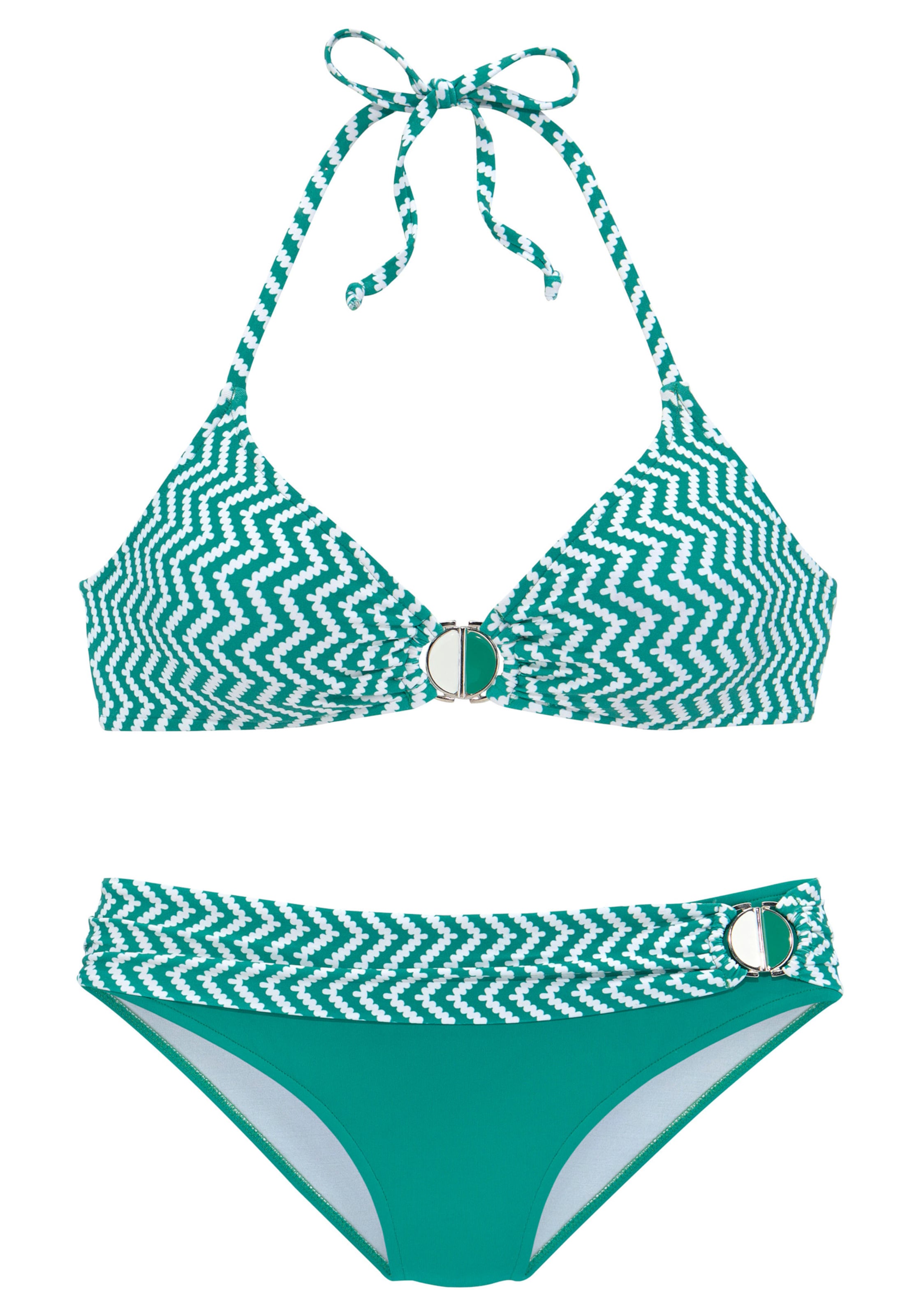 TC B günstig Kaufen-Triangel-Bikini in grün-weiß von JETTE. Triangel-Bikini in grün-weiß von JETTE <![CDATA[Trendig gemusterter Triangel-Bikini von Jette, kreiert von der Designerin Jette Joop, mit Schmuckdekor. Herausnehmbare Softcups. Bikinihose mit Zie