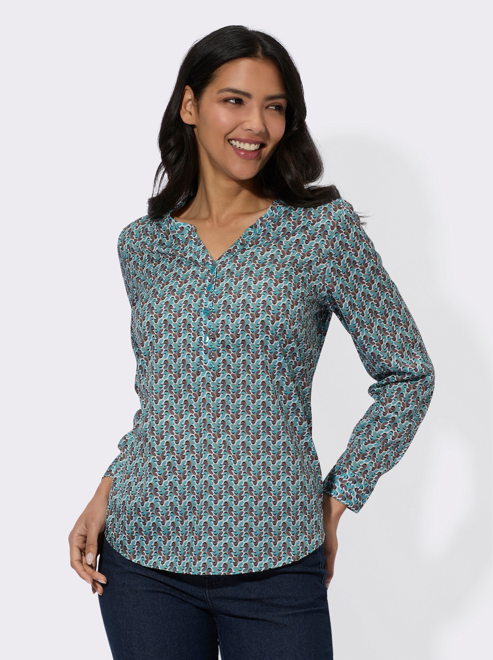 Navlékací halenka s drobným vzorem - mořská-tmavá taupe-potisk