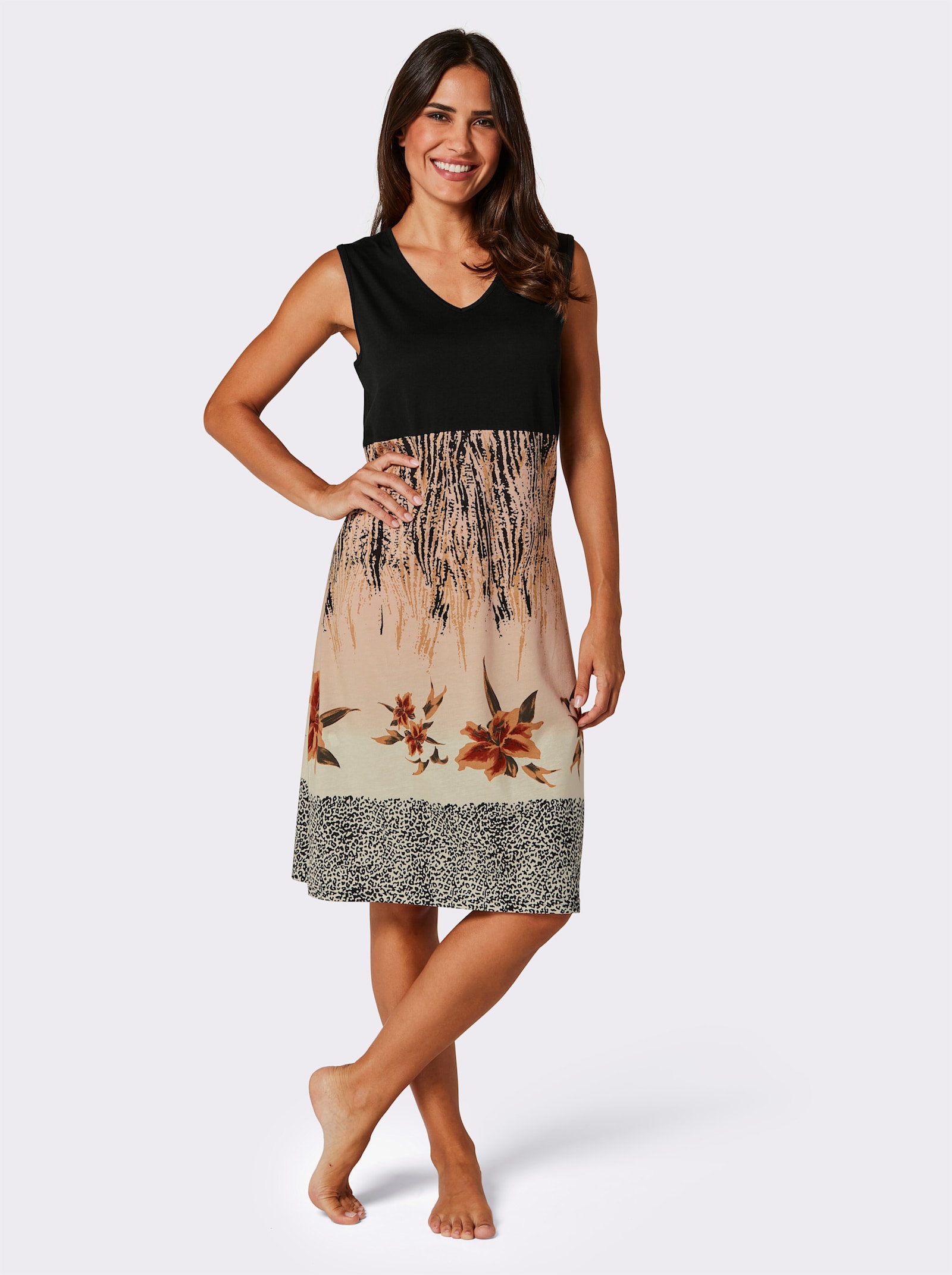 Sommerkleid mit V-Ausschnitt, bedruckt - schwarz-beige