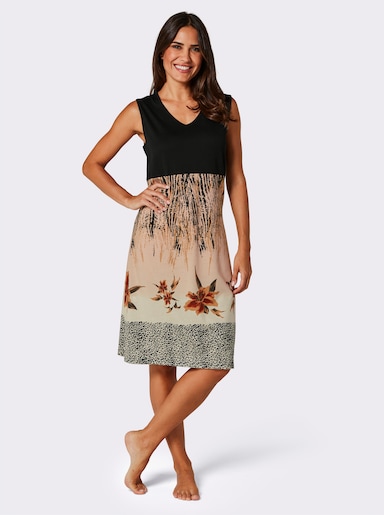 Sommerkleid mit V-Ausschnitt, bedruckt - schwarz-beige