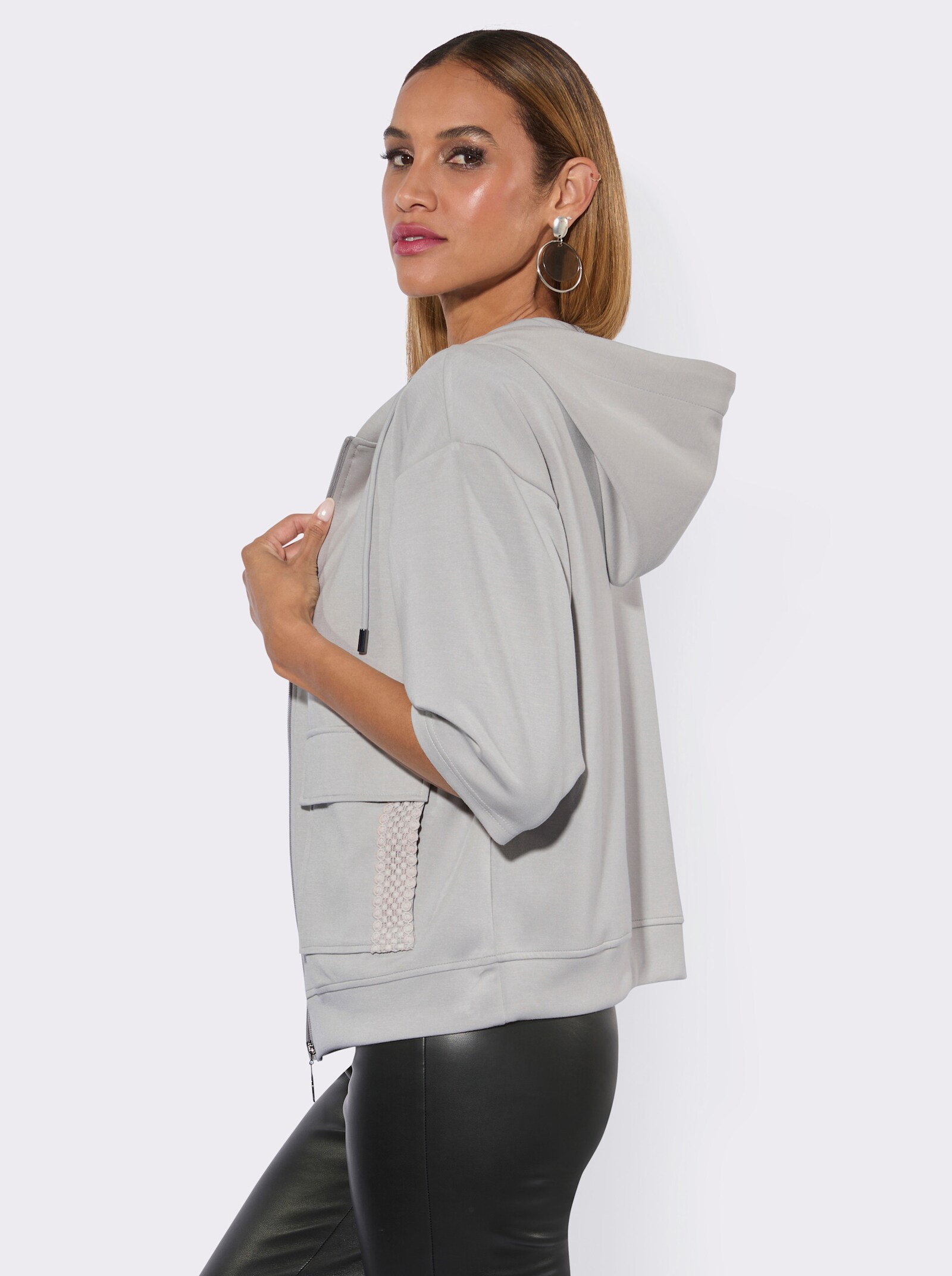 Sweatjacke mit Spitzen-Verzierung - hellgrau