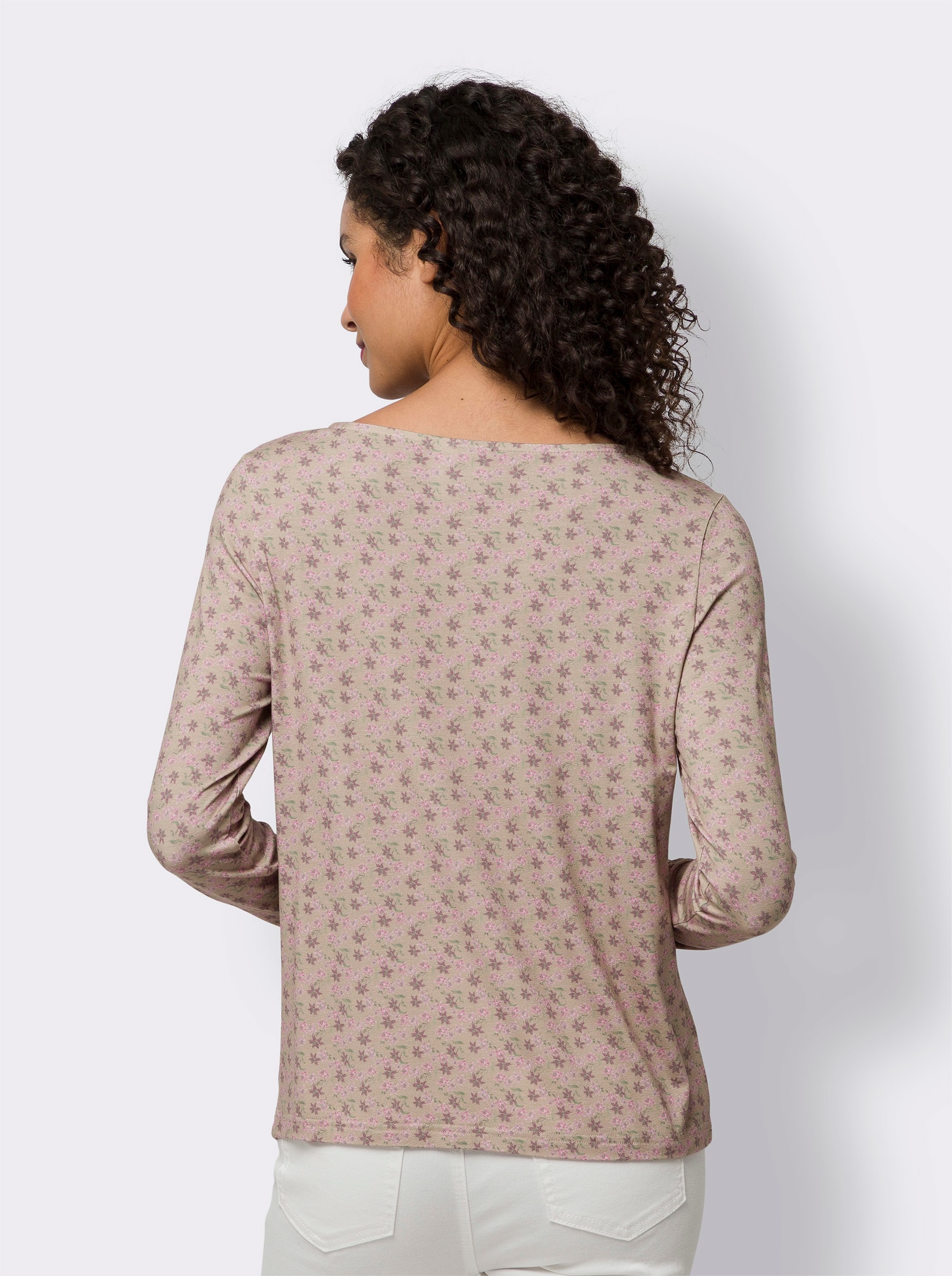 heine Langarmshirt mit Raffung am Ärmel - sesam-altrosa-bedruckt