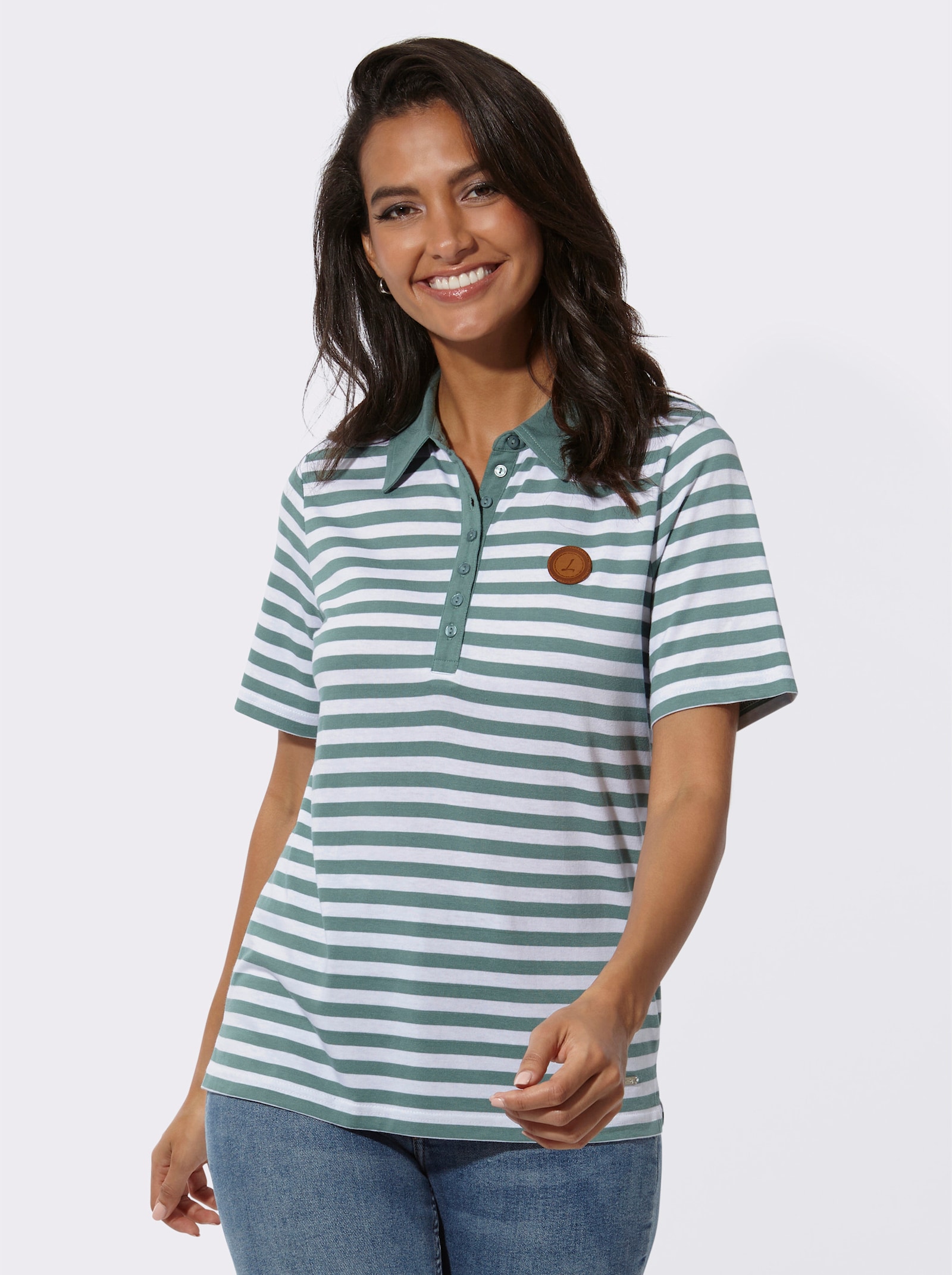 Poloshirt mit Seitenschlitzen - jade-weiss-geringelt