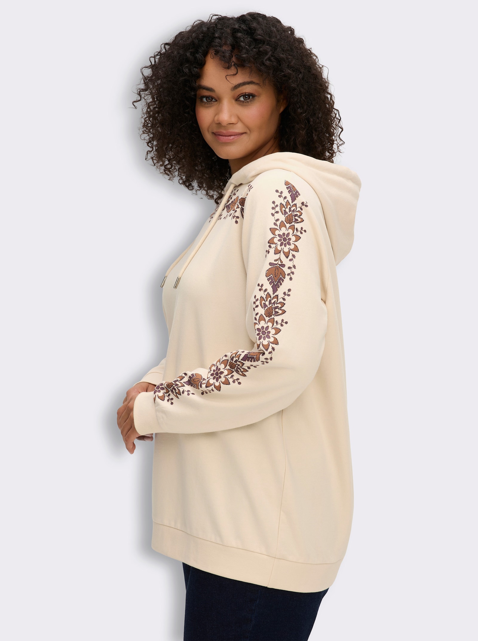 sheego Kapuzensweatshirt mit Blumenprint - elfenbein-cognac-bedruckt
