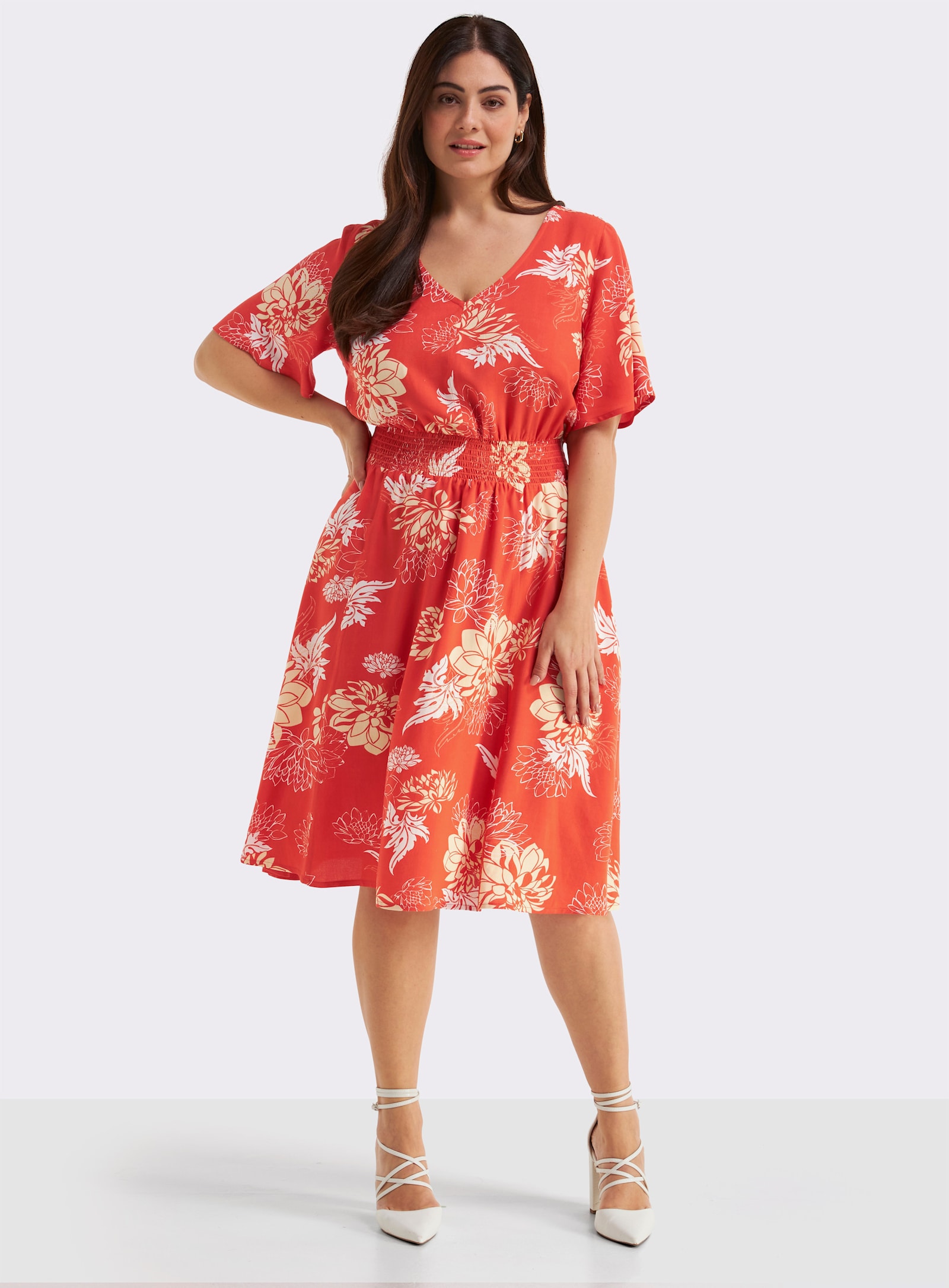 sheego Blumenkleid mit breitem Smokbund - terra-vanille-bedruckt