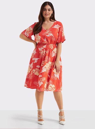 sheego Blumenkleid mit breitem Smokbund - terra-vanille-bedruckt