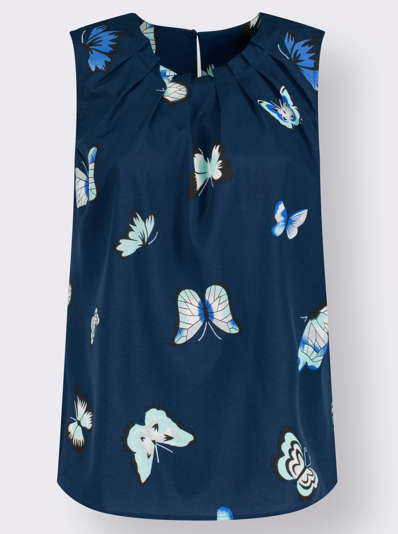 Blousetop met plooien bij de ronde hals - marine geprint